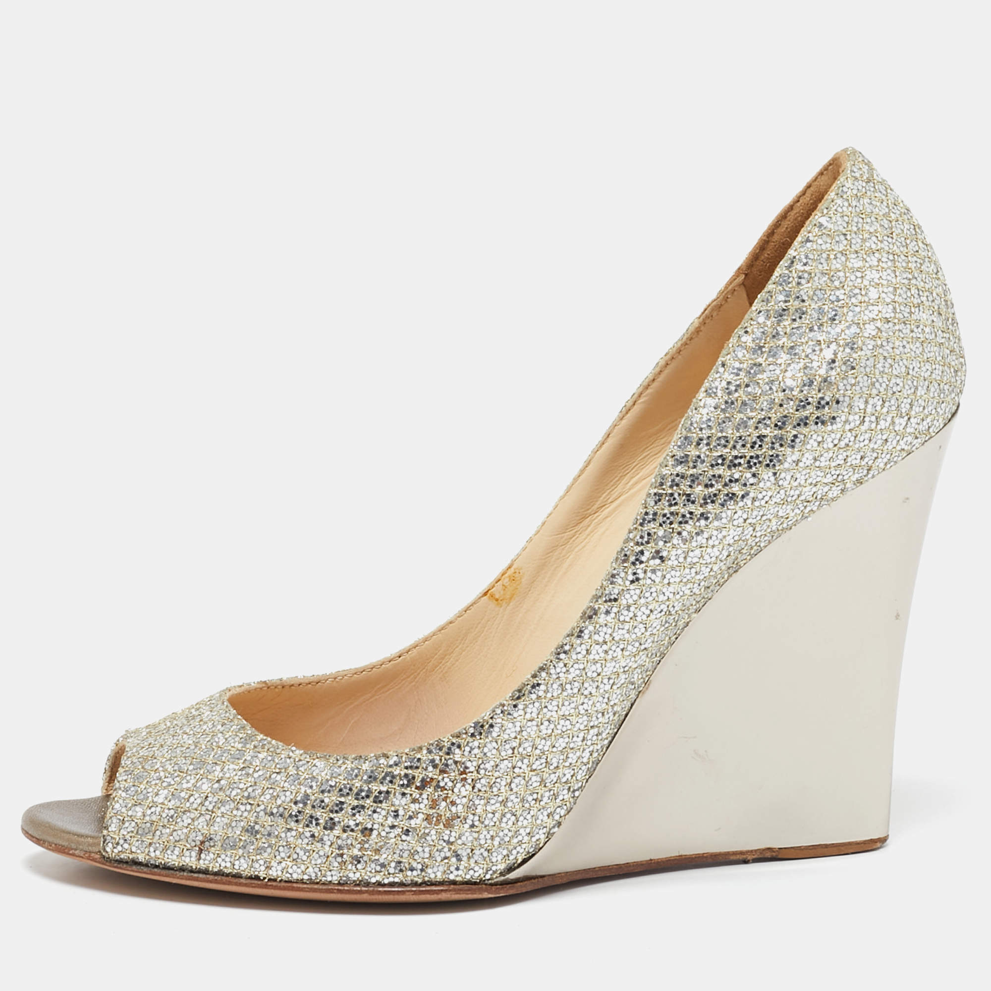 Jimmy Choo Gold Glitter Fabric Baxen Peep Toe Wedges Pumps Size 36.5