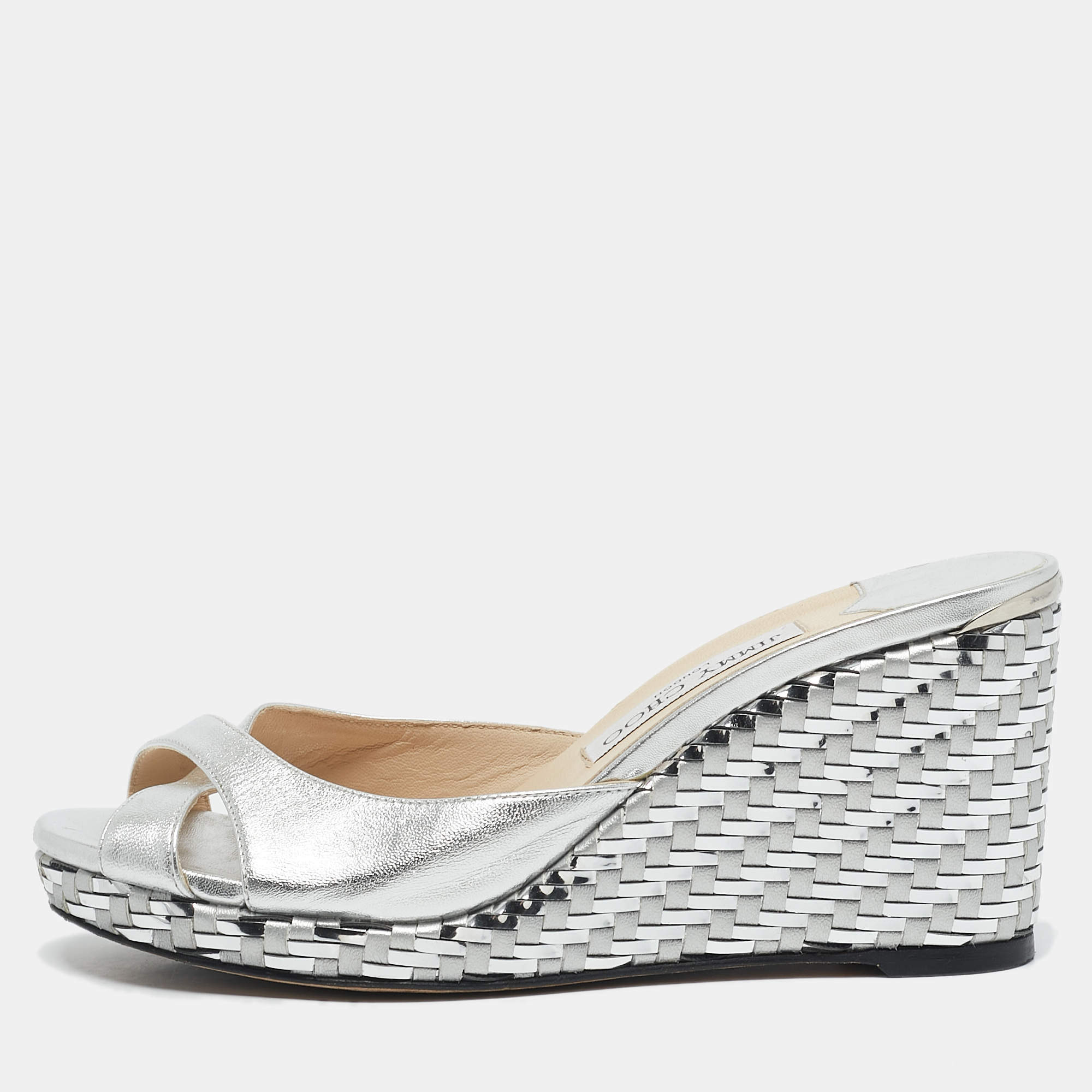 Jimmy Choo Silver Leather Prima Wedge Sandals Size 38.5