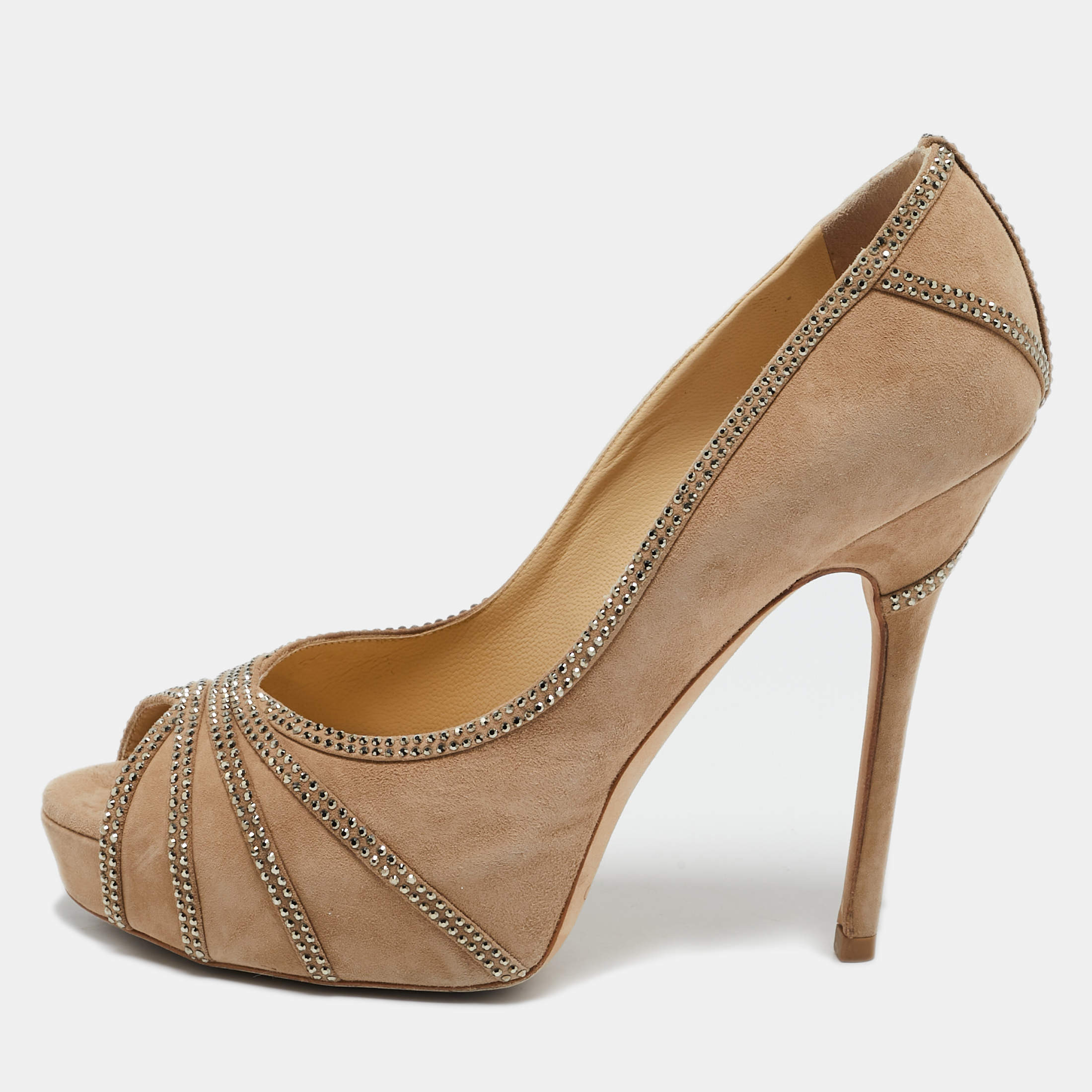 Jimmy Choo Beige Suede Crystal Embellished Kalpa Pumps Size 37