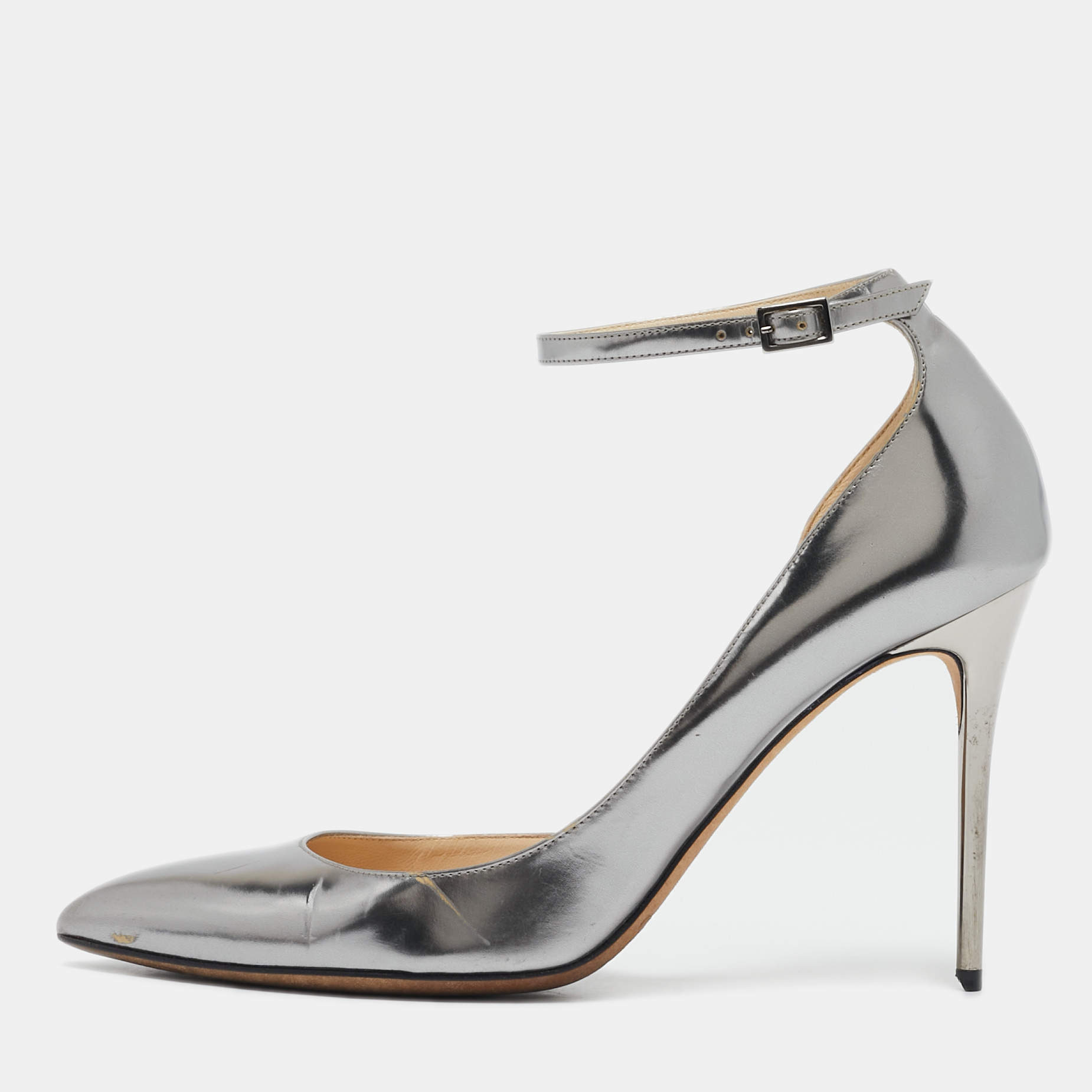 Jimmy Choo Silver Leather Lucy Ankle Strap Pointed Toe D'orsay Pumps Size 38.5