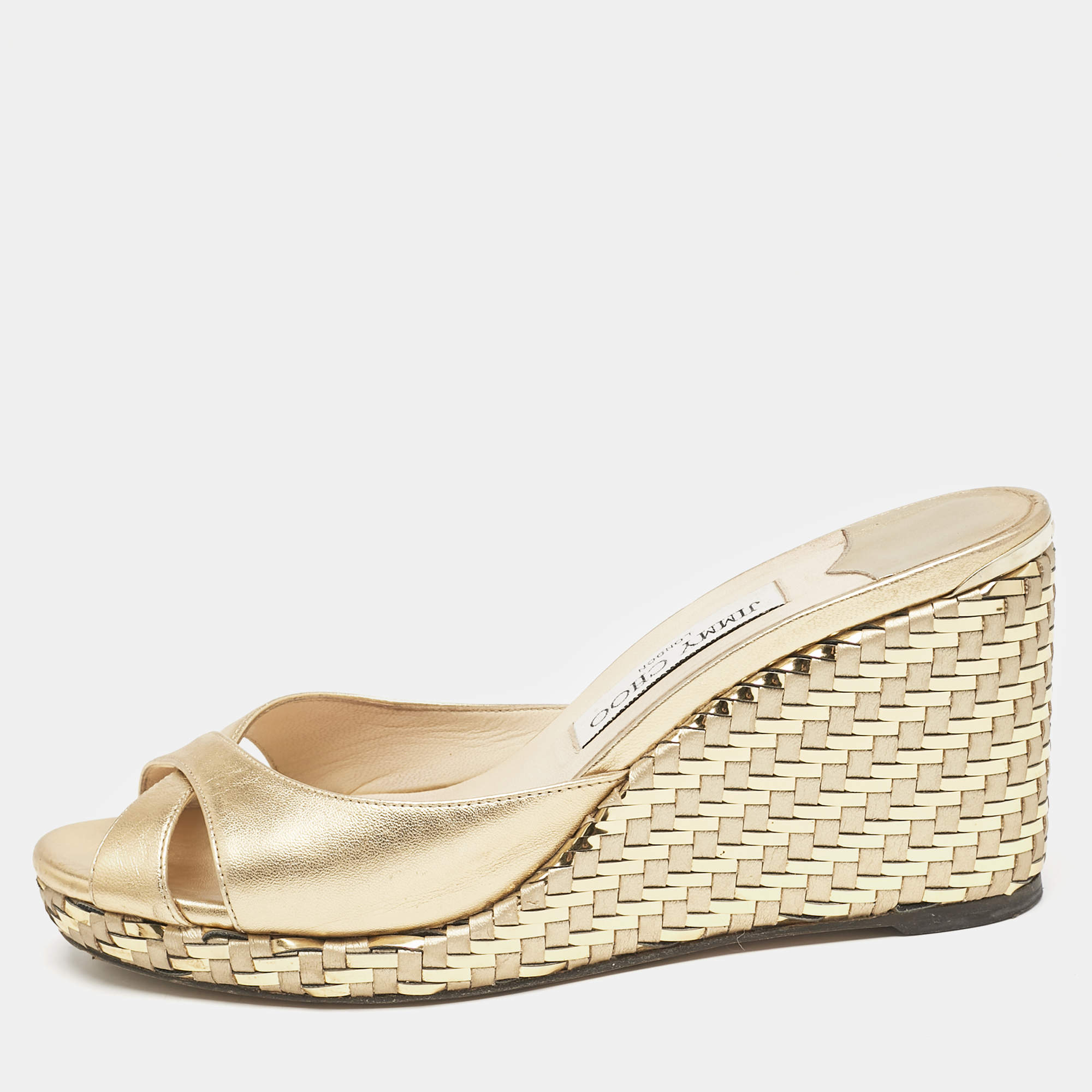 Pre Owned Jimmy Choo Gold Leather Almer Wedge Sandals Size 39.5