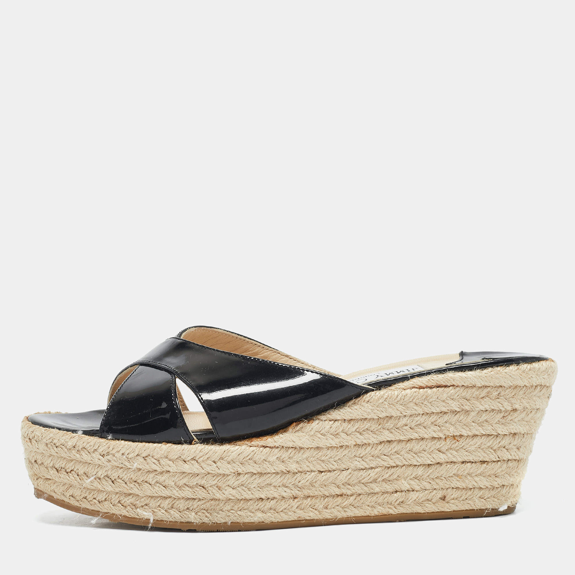 Pre Owned Jimmy Choo Black Patent Leather Phyllis Wedge Espadrille Sandals Size 37.5