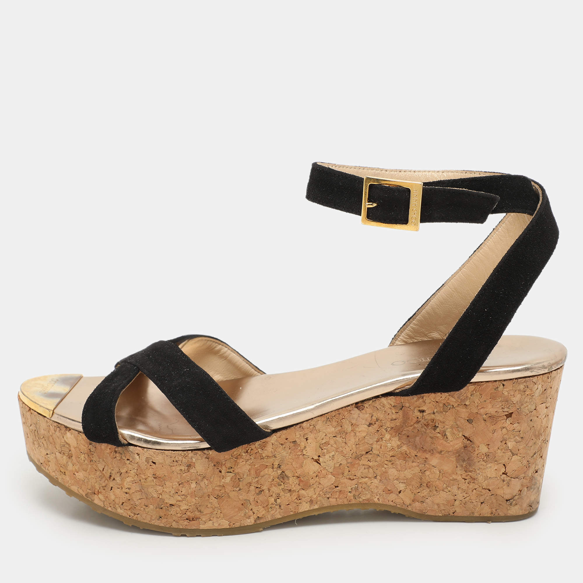 Jimmy Choo Black Suede Cork Wedge Ankle Strap Sandals Size 40
