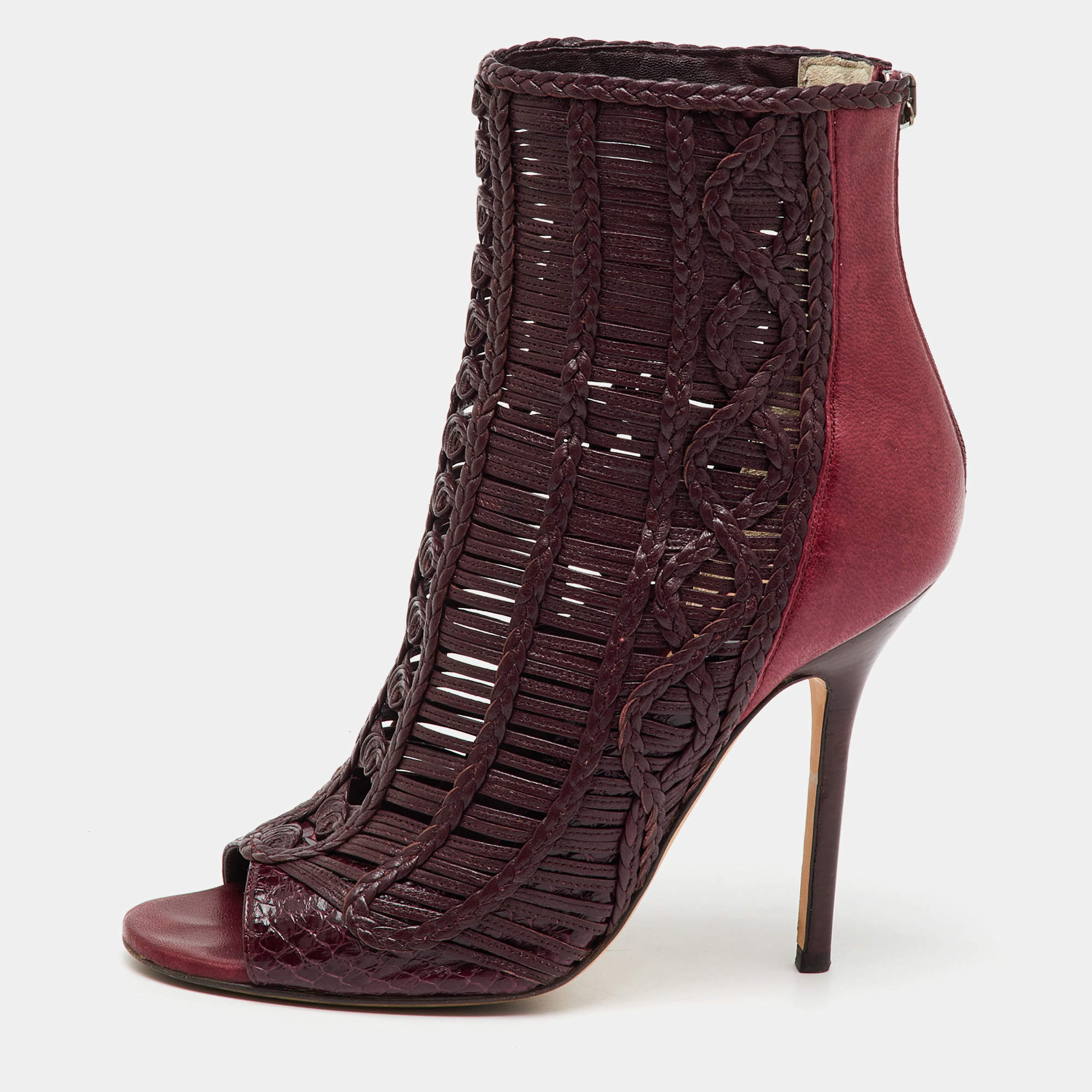 Jimmy Choo Burgundy Braided Leather Java Peep Toe Ankle Boots Size 37.5