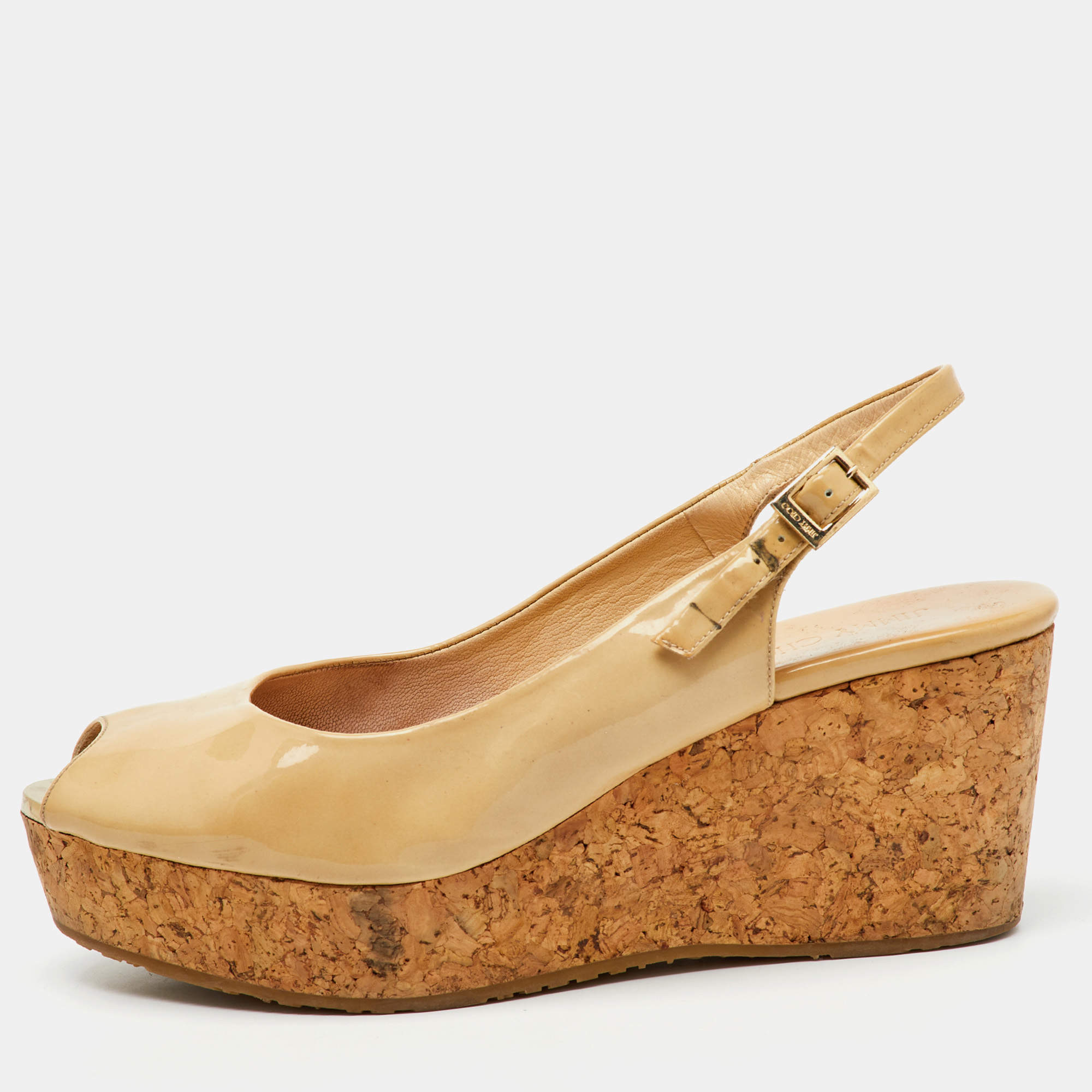 Jimmy Choo Beige Patent Leather Prova Cork Platform Wedge Pumps Size 41