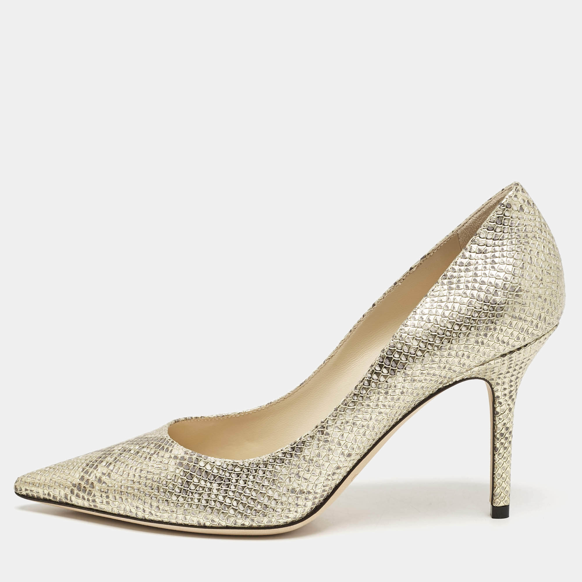 Jimmy Choo Gold Snakeskin Embossed Patent Leather Romy Pumps Size 37.5