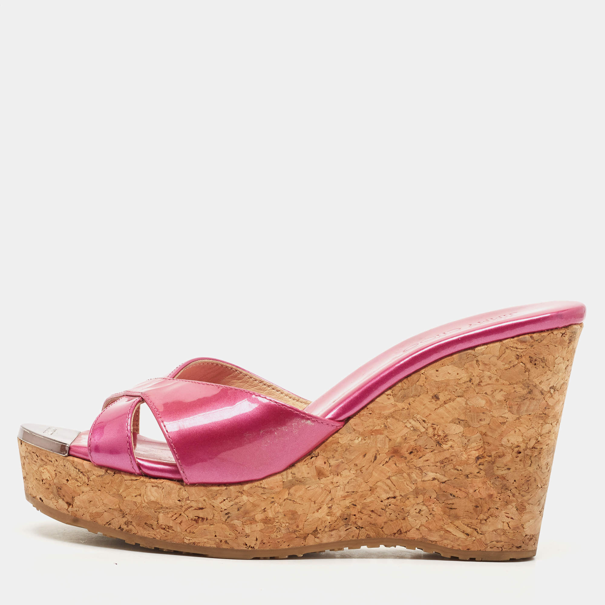 Jimmy Choo Purple Patent Leather Prima Cork Wedge Slides Size 35.5