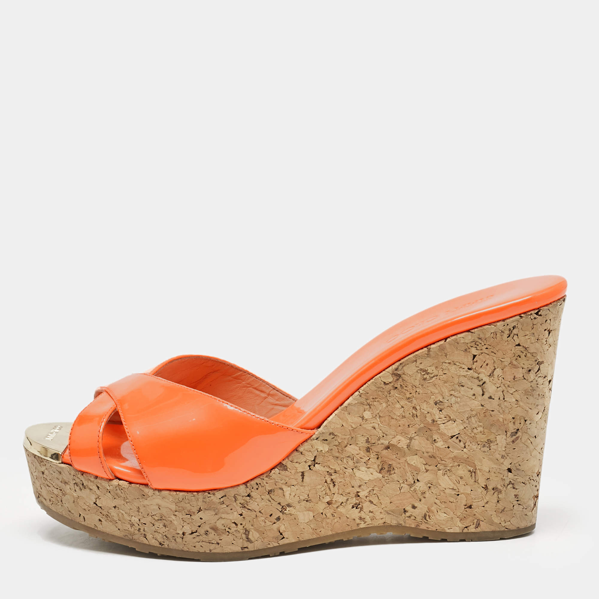 Jimmy Choo Orange Patent Leather Cork Wedge Platform Sandals Size 36