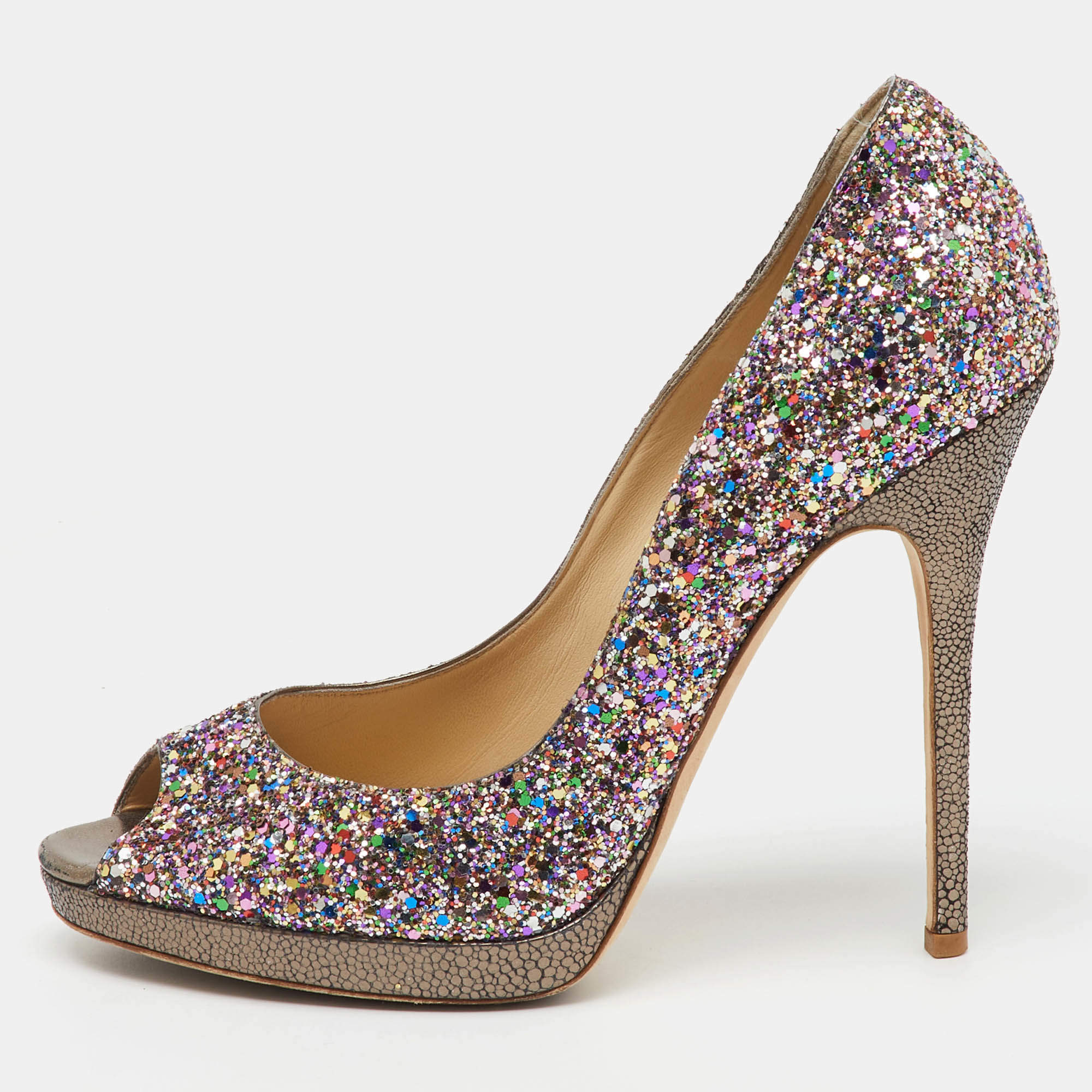 Pre Owned Jimmy Choo Metallic Multicolor Coarse Glitter Crown Peep Toe Platform Pumps Size 40