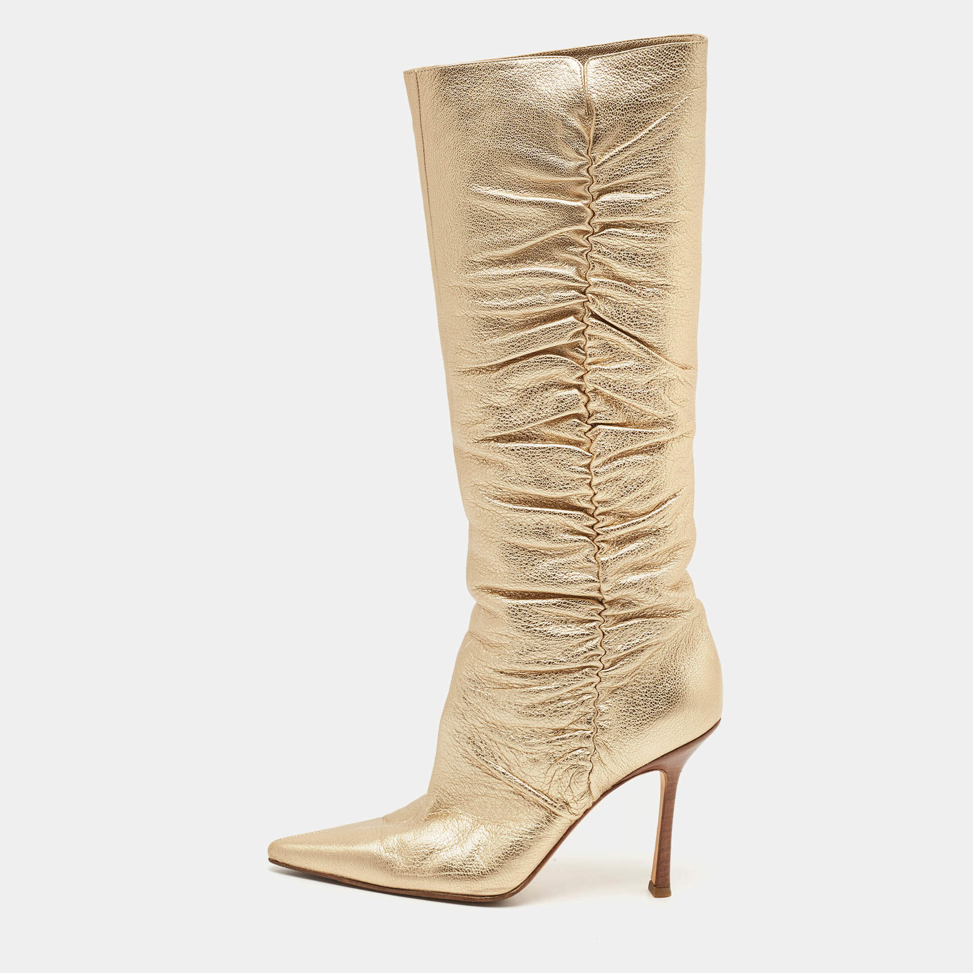 Jimmy Choo Gold Leather Scrunch Knee Length Boots Size 39