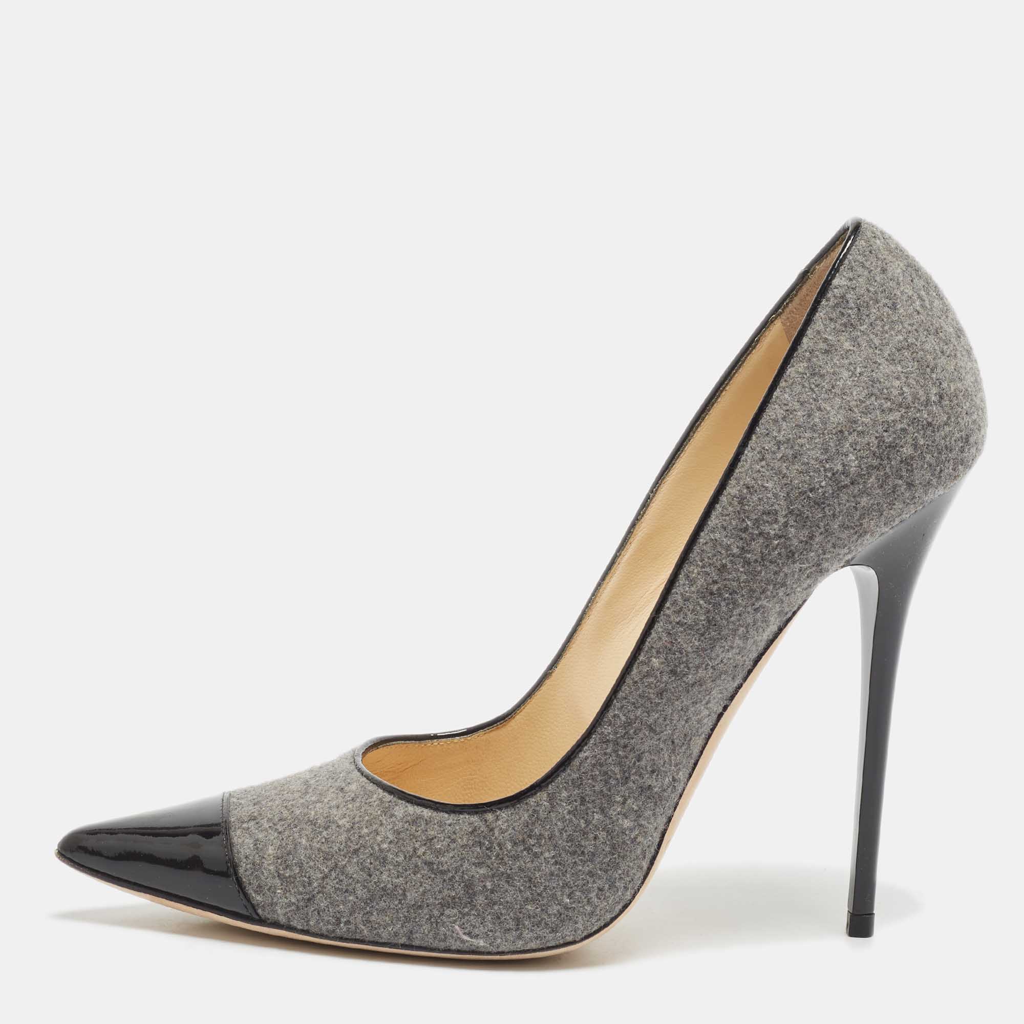 Jimmy Choo Grey/Black Wool and Patent Leather Pumps Size 38