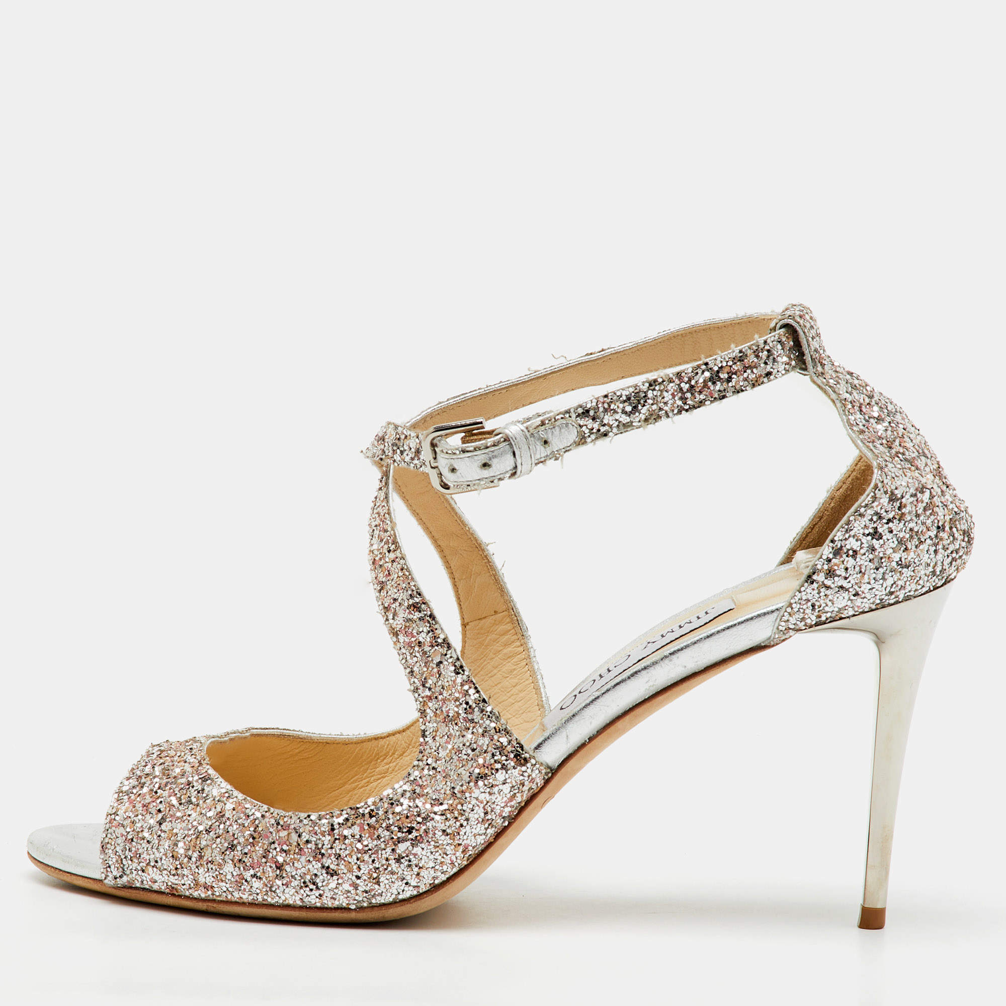 Jimmy Choo Metallic Silver Coarse Glitter Emily Open Toe Sandals Size 40