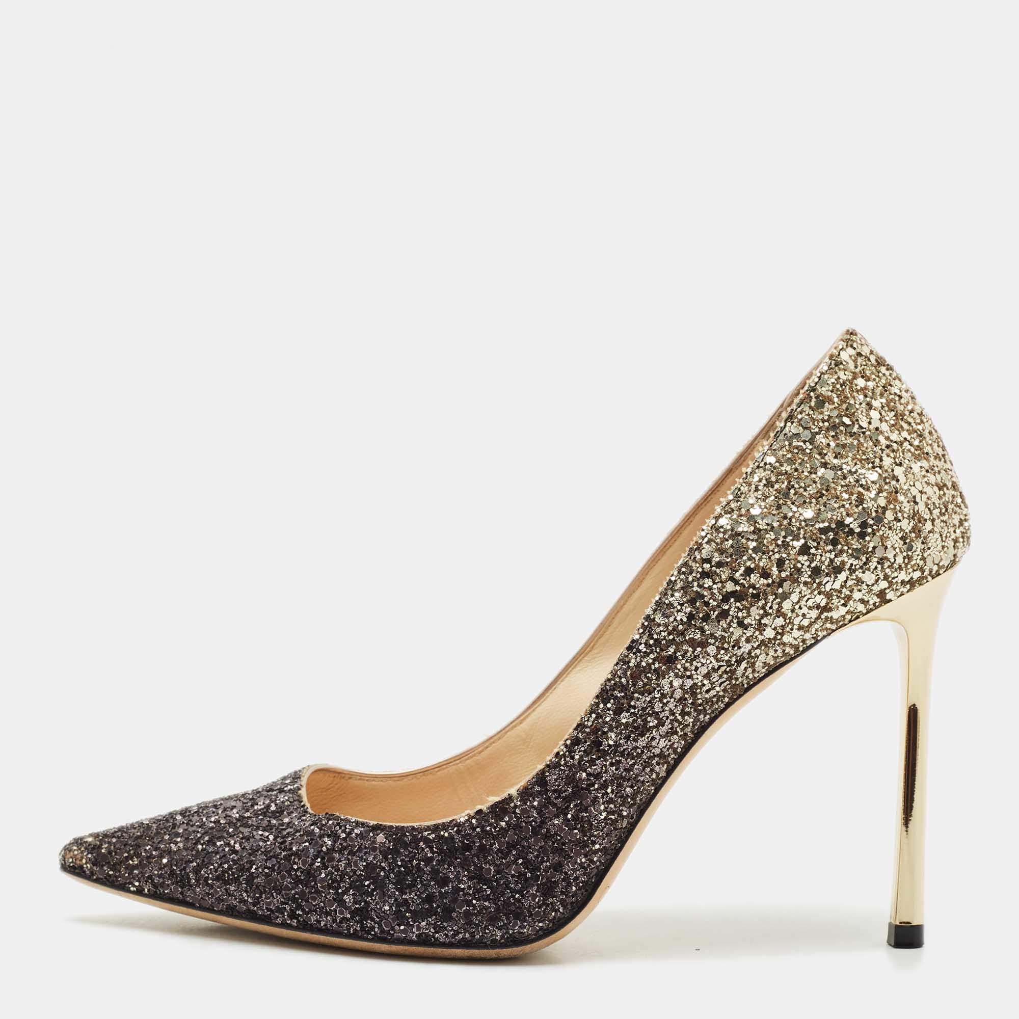 Jimmy Choo Metallic Black/Gold Ombre Coarse Glitter Romy Pointed Toe Pumps Size 37