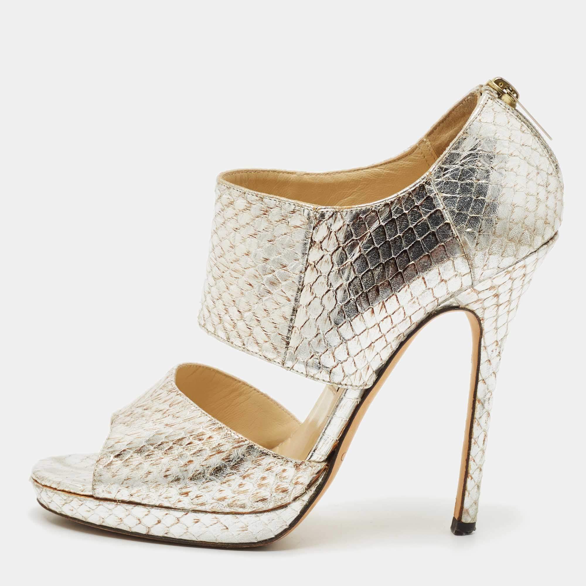 Jimmy Choo Metallic Python Embossed Leather Private Sandals Size 37.5