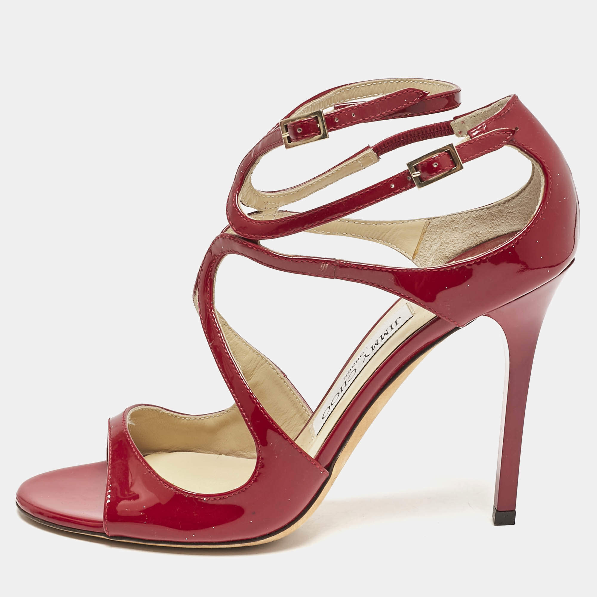 Jimmy Choo Dark Red Patent Leather Lang Ankle Strap Sandals Size 37