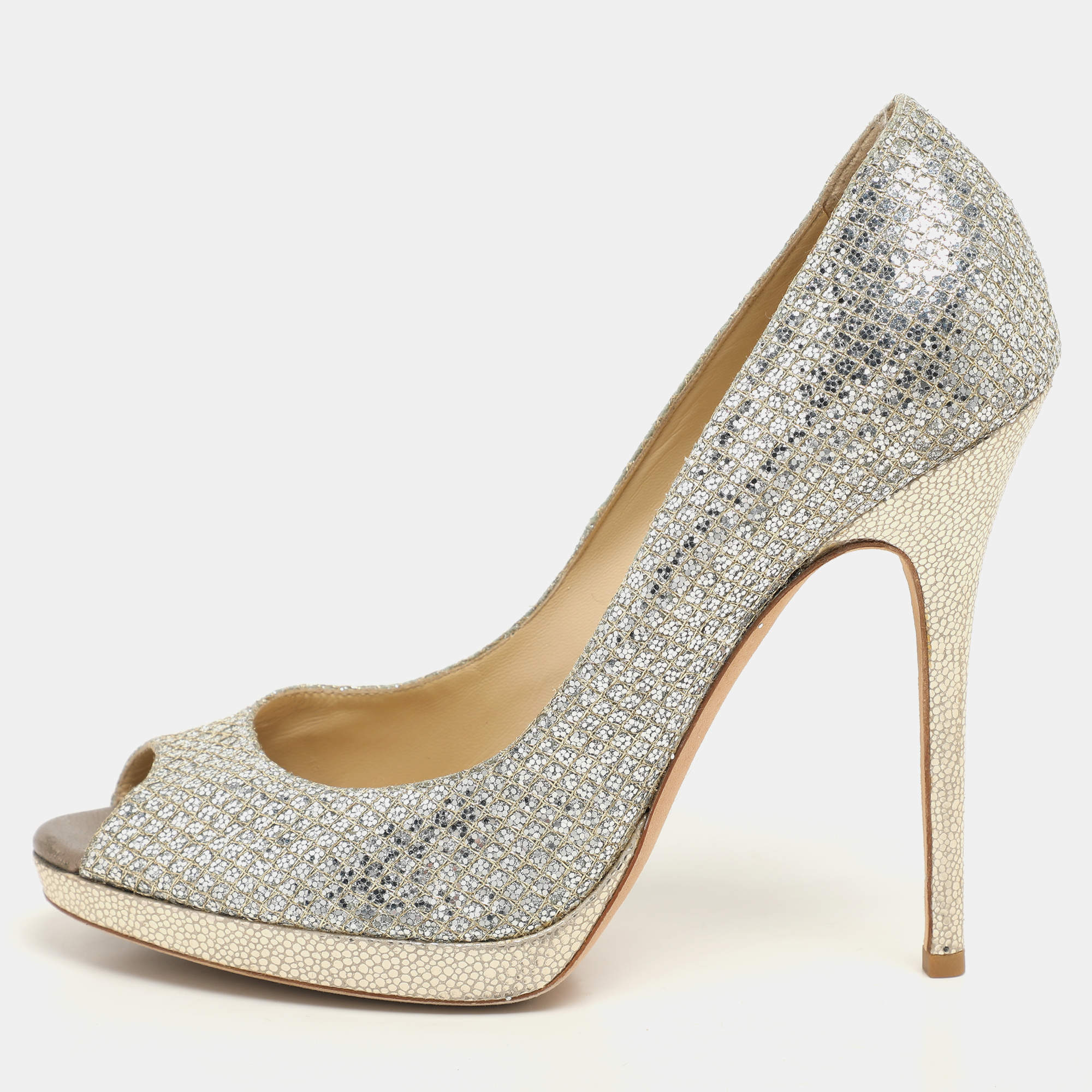 Jimmy Choo Gold Glitter Luna Peep Toe Pumps Size 40