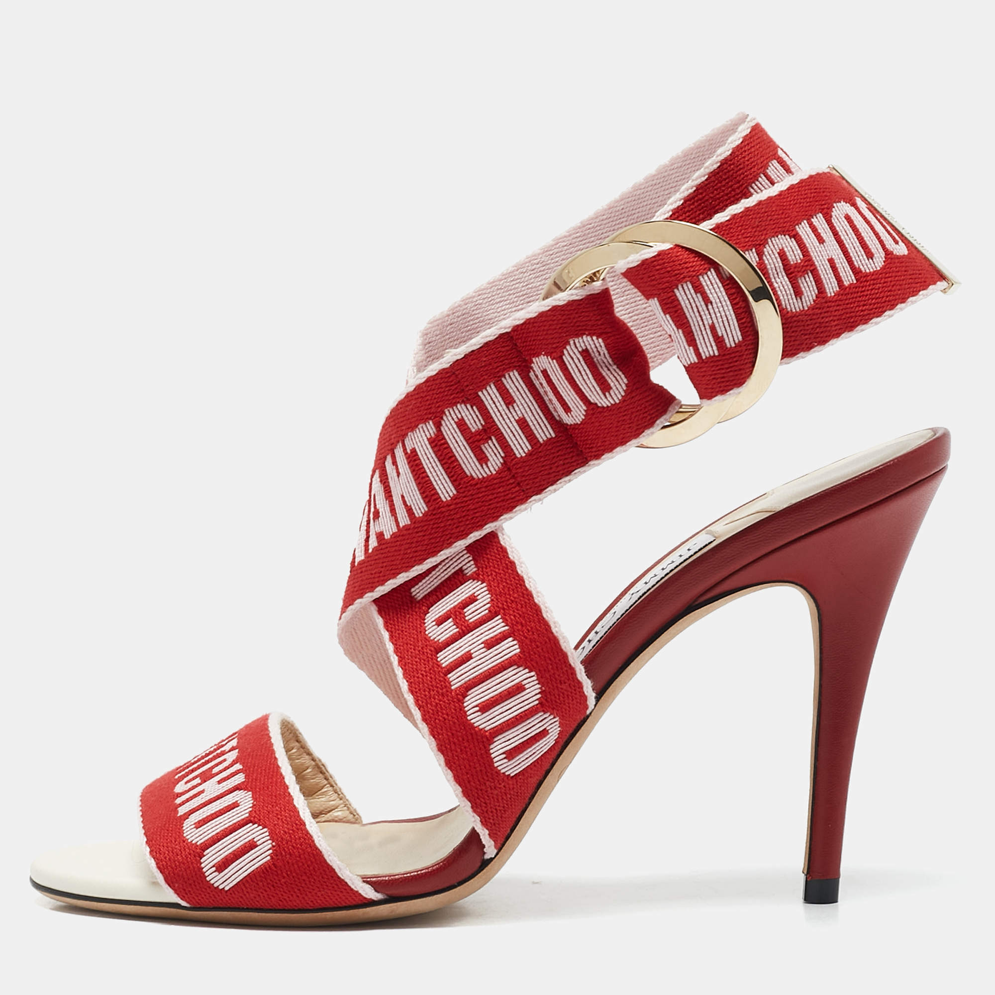Jimmy Choo Red/Pink Canvas and Leather Bailey Sandals Size 38.5