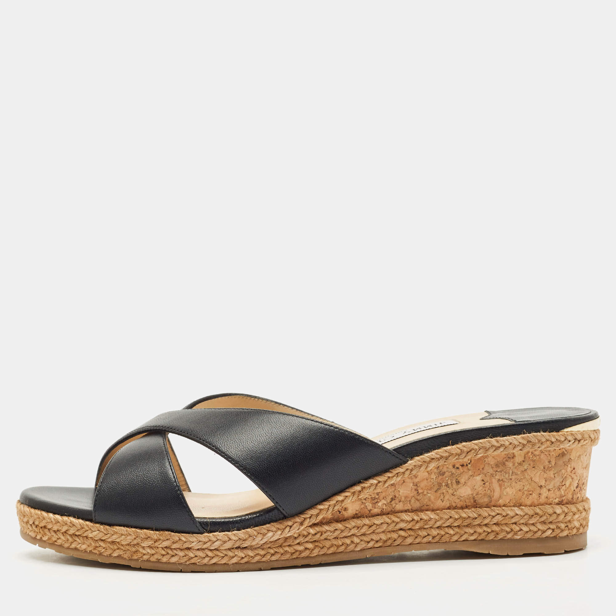 Pre Owned Jimmy Choo Black Leather Almer Wedge Sandals Size 40.5