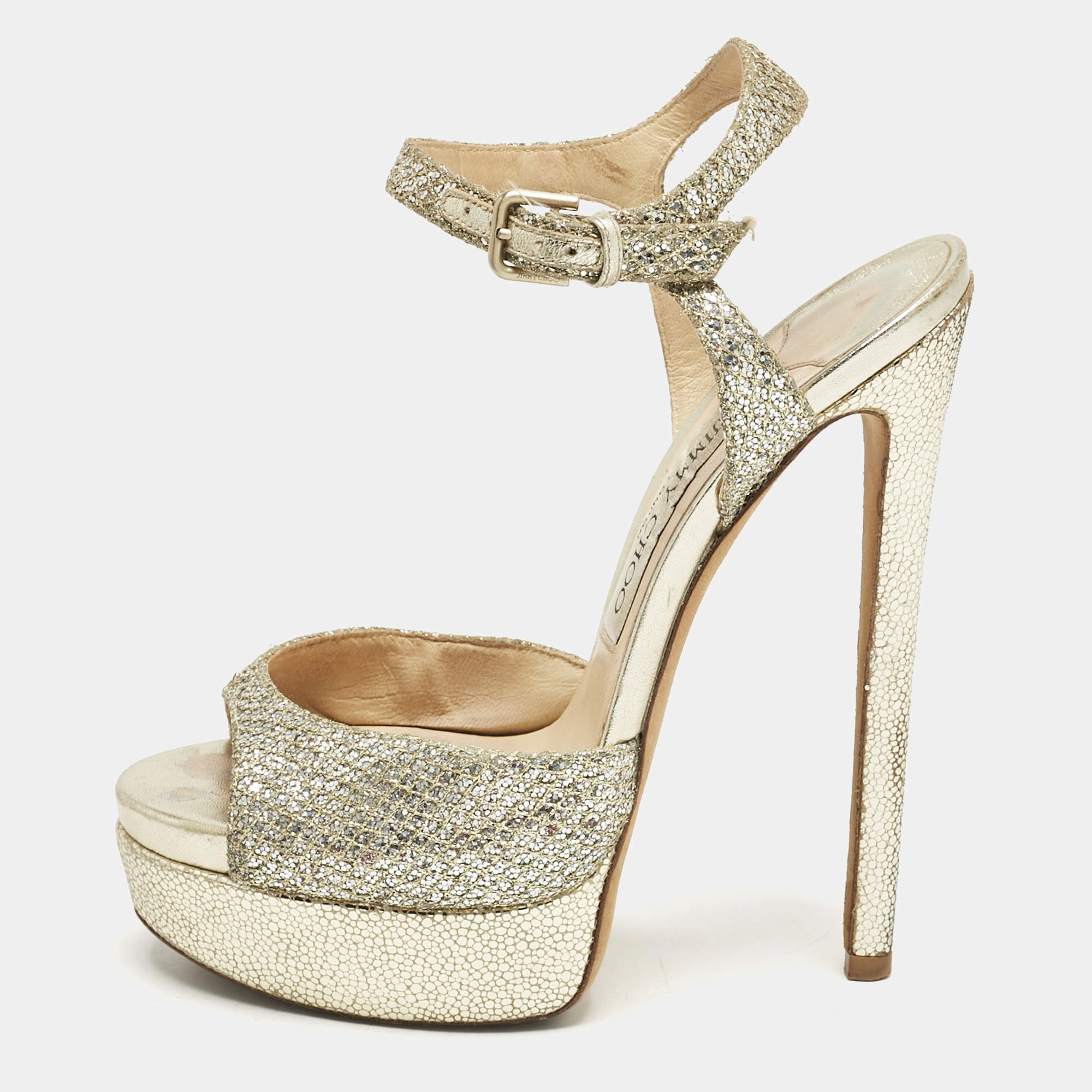 Pre Owned Jimmy Choo Silver Glitter Linda Ankle Strap Sandals Size 36.5