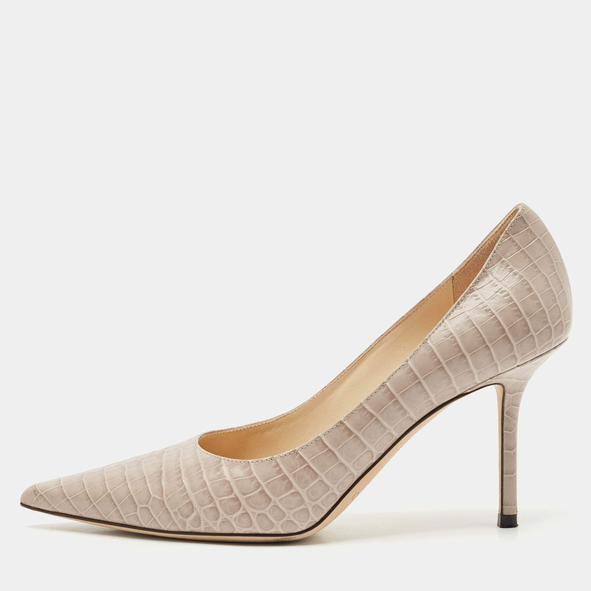 Jimmy Choo Grey Croc Embossed Leather Romy Pumps Size 37