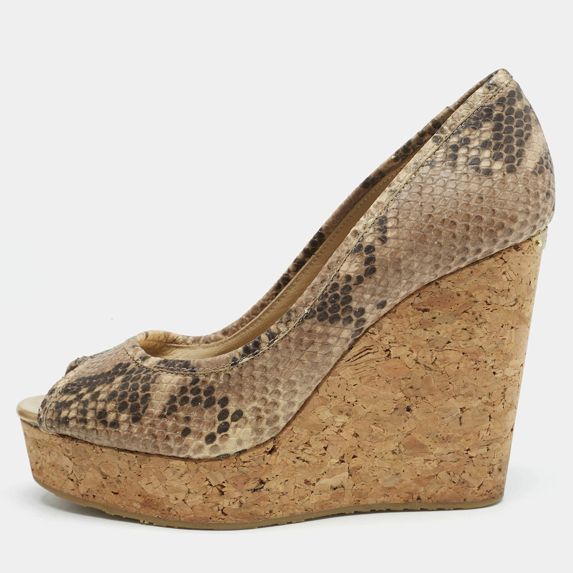 Pre Owned Jimmy Choo Beige Python Embossed Leather Papina Cork Wedge Pumps Size 39