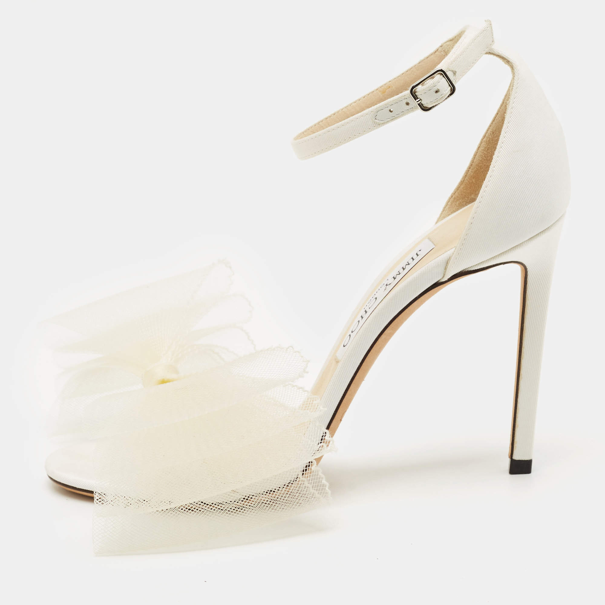 Jimmy Choo White Canvas and Mesh Aveline Bow Ankle Strap Pumps Size 38