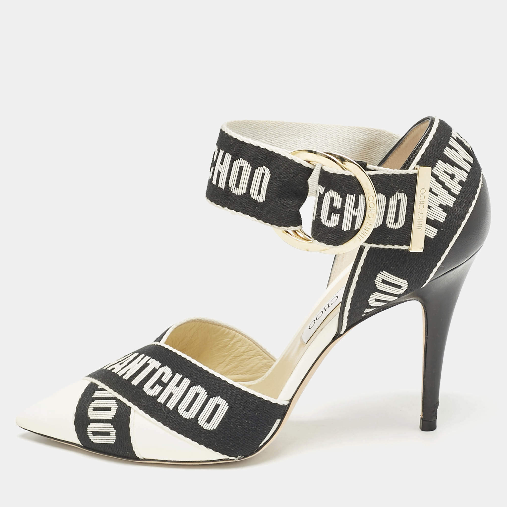 Jimmy Choo White/Black Leather and Fabric Bea Ankle Strap Pumps Size 40