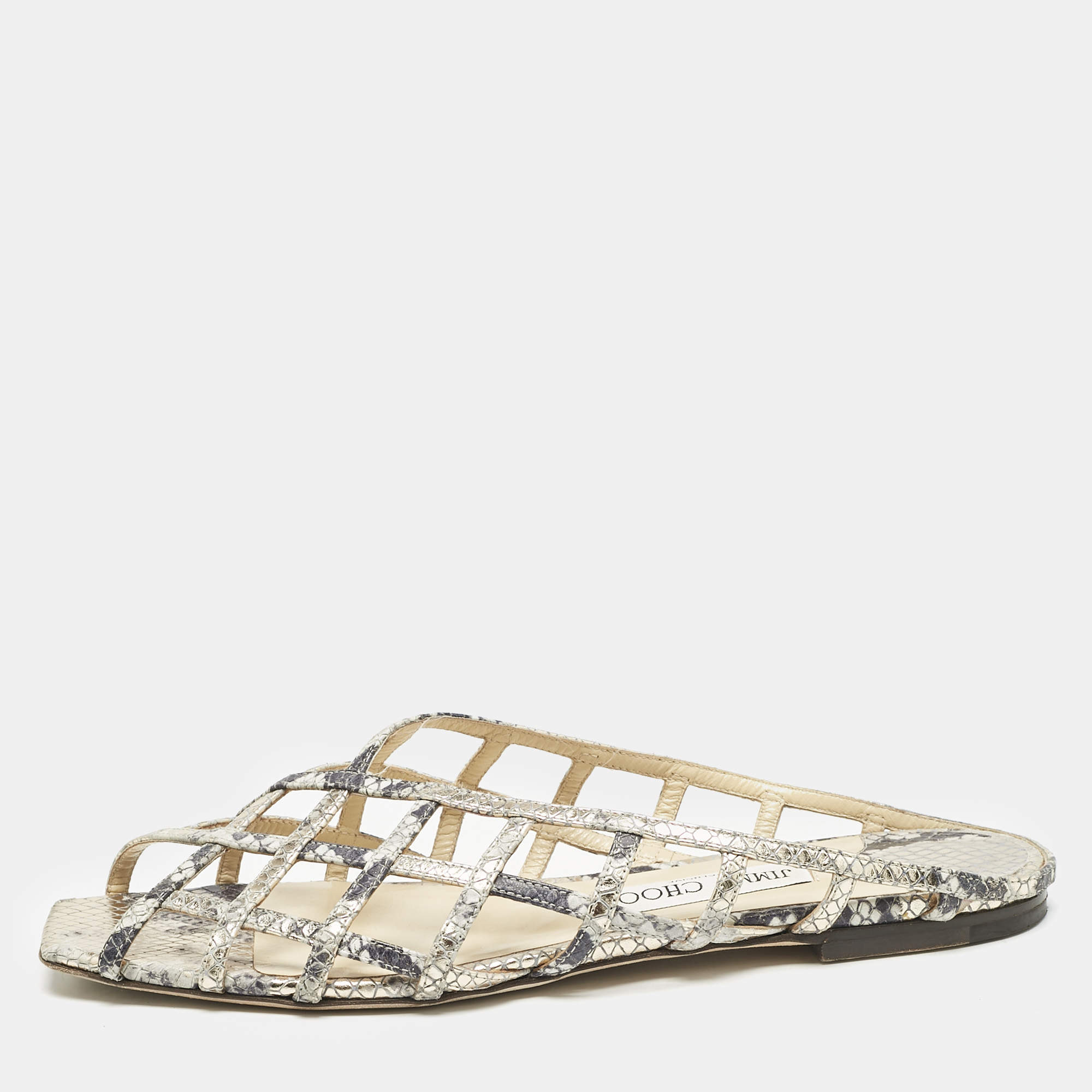 Jimmy Choo Gold Python Embossed Leather Sai Flat Sandals Size 40