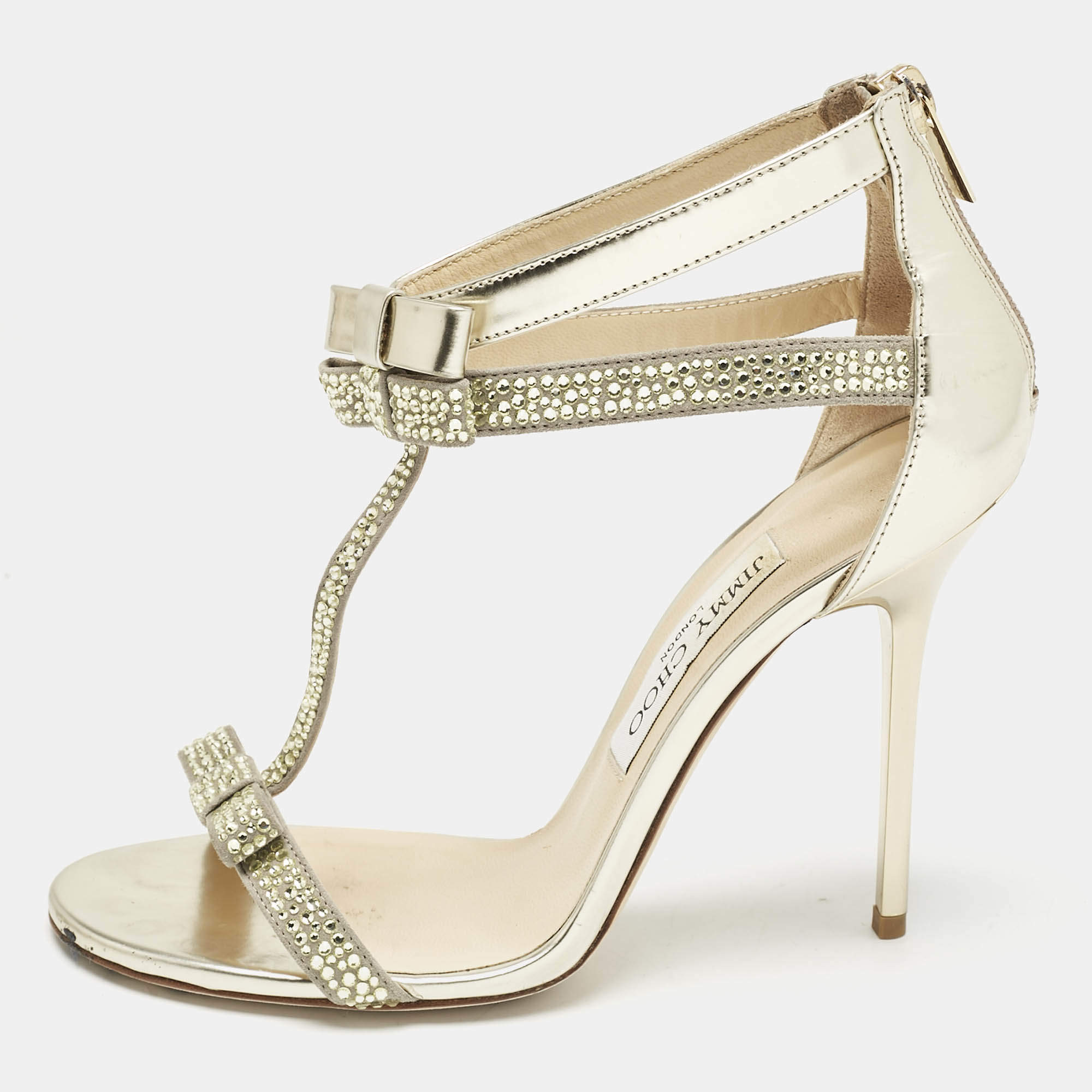Jimmy Choo Grey Leather and Suede Escape Crystal T-Strap Sandals Size 37.5