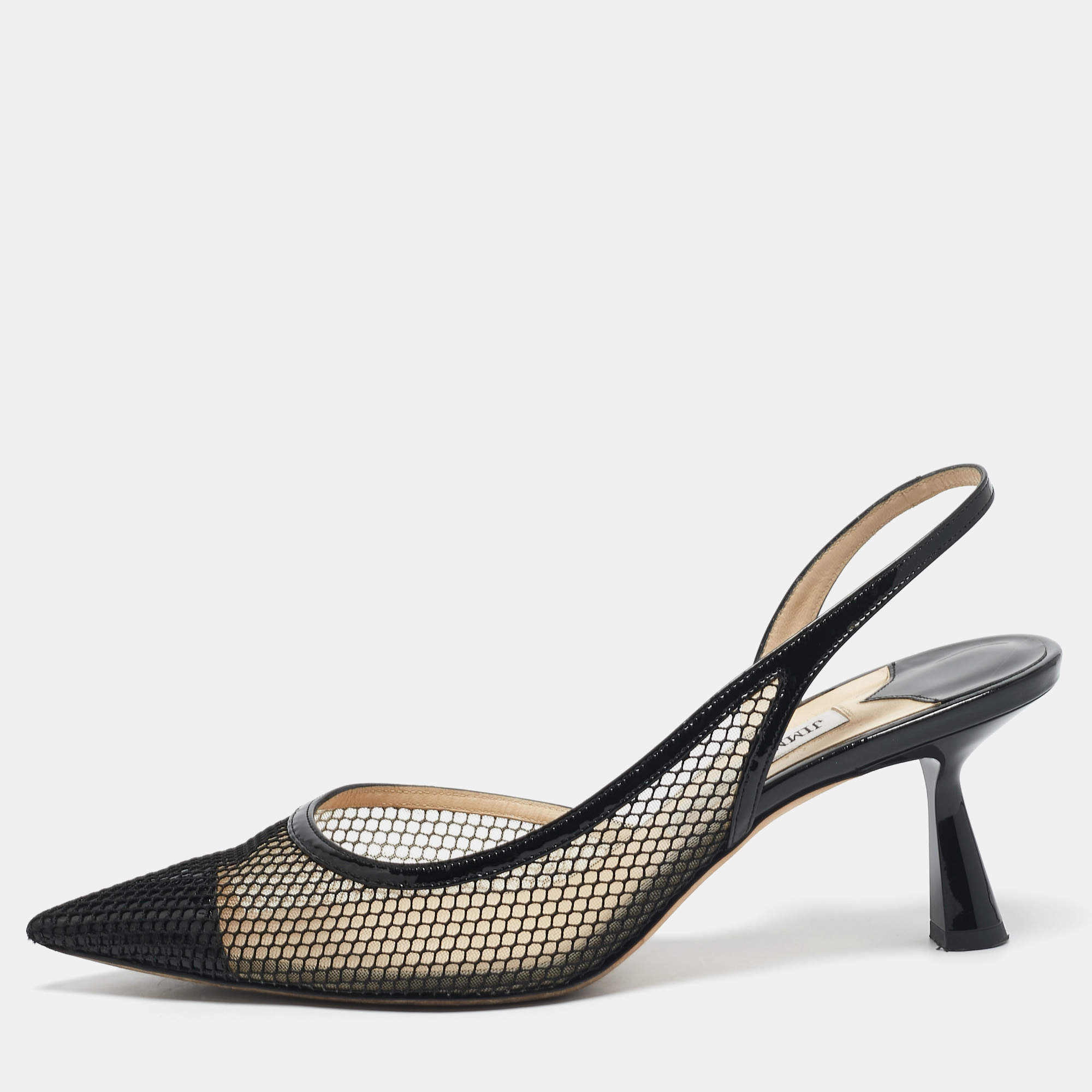 Jimmy Choo Black Mesh and Patent Leather Fetto Slingback Pumps Size 41