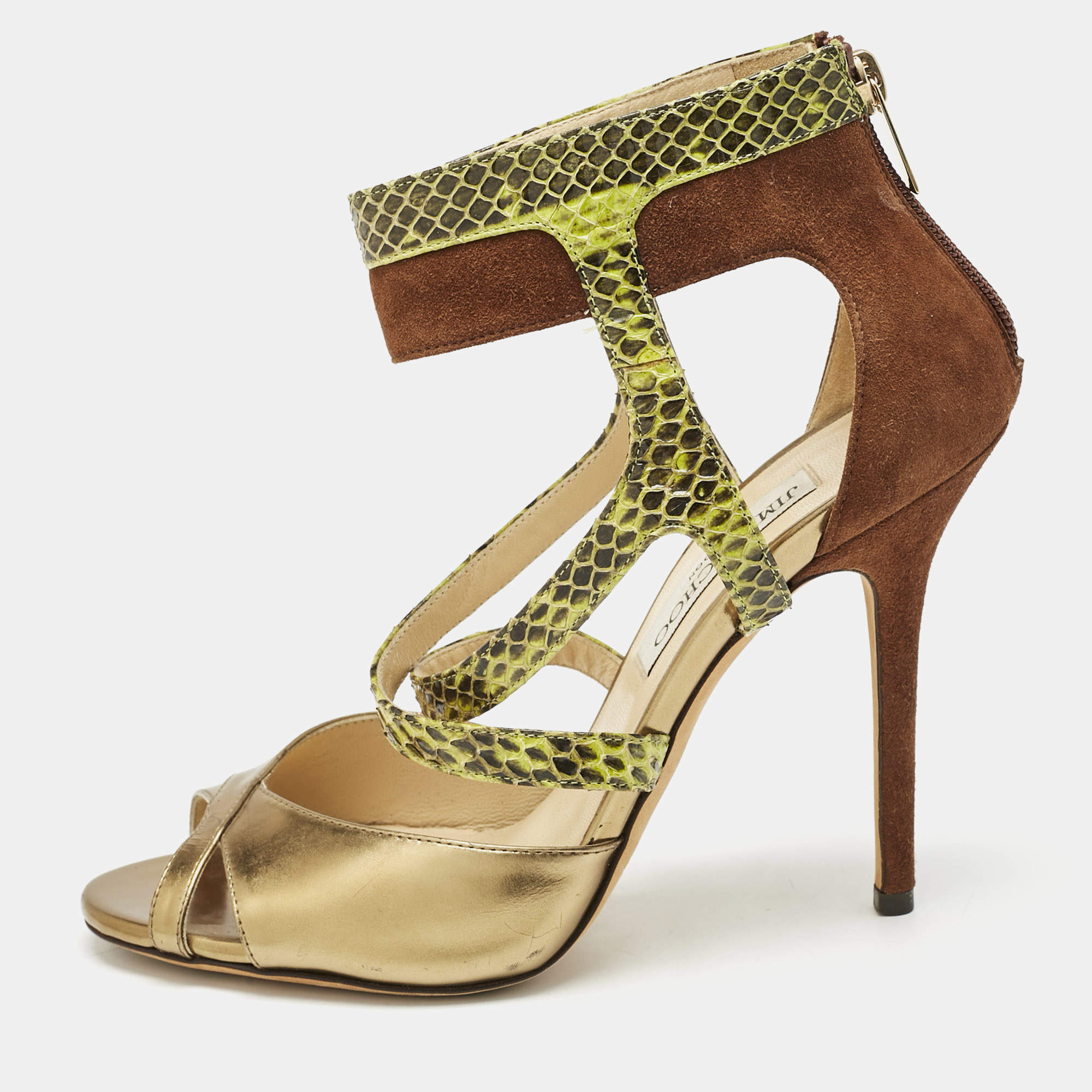 Jimmy Choo Beige/Brown Python and Suede Ankle Strap Sandals Size 39