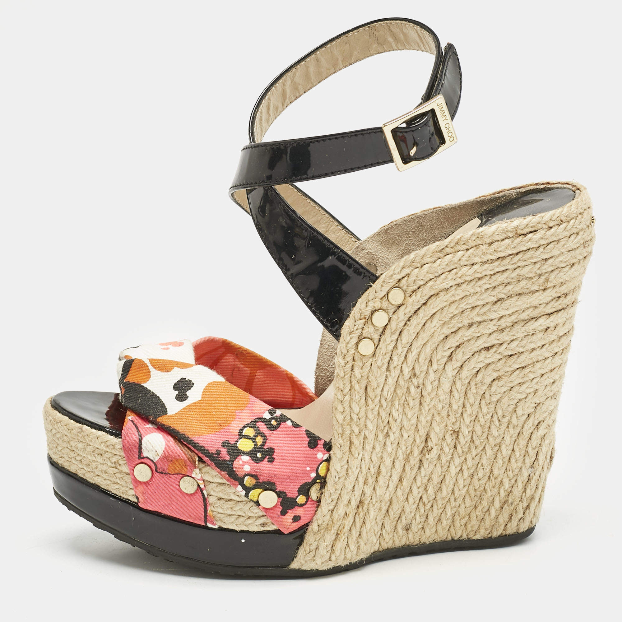 Jimmy Choo Multicolor Canvas and Patent Leather Wedge Sandals Size 38