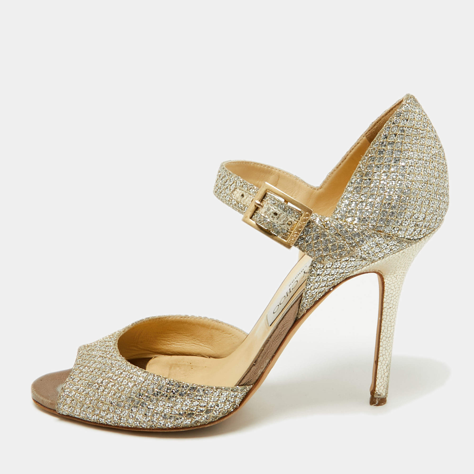 Pre Owned Jimmy Choo Gold Glitter Mary Jane Pumps Size 39.5