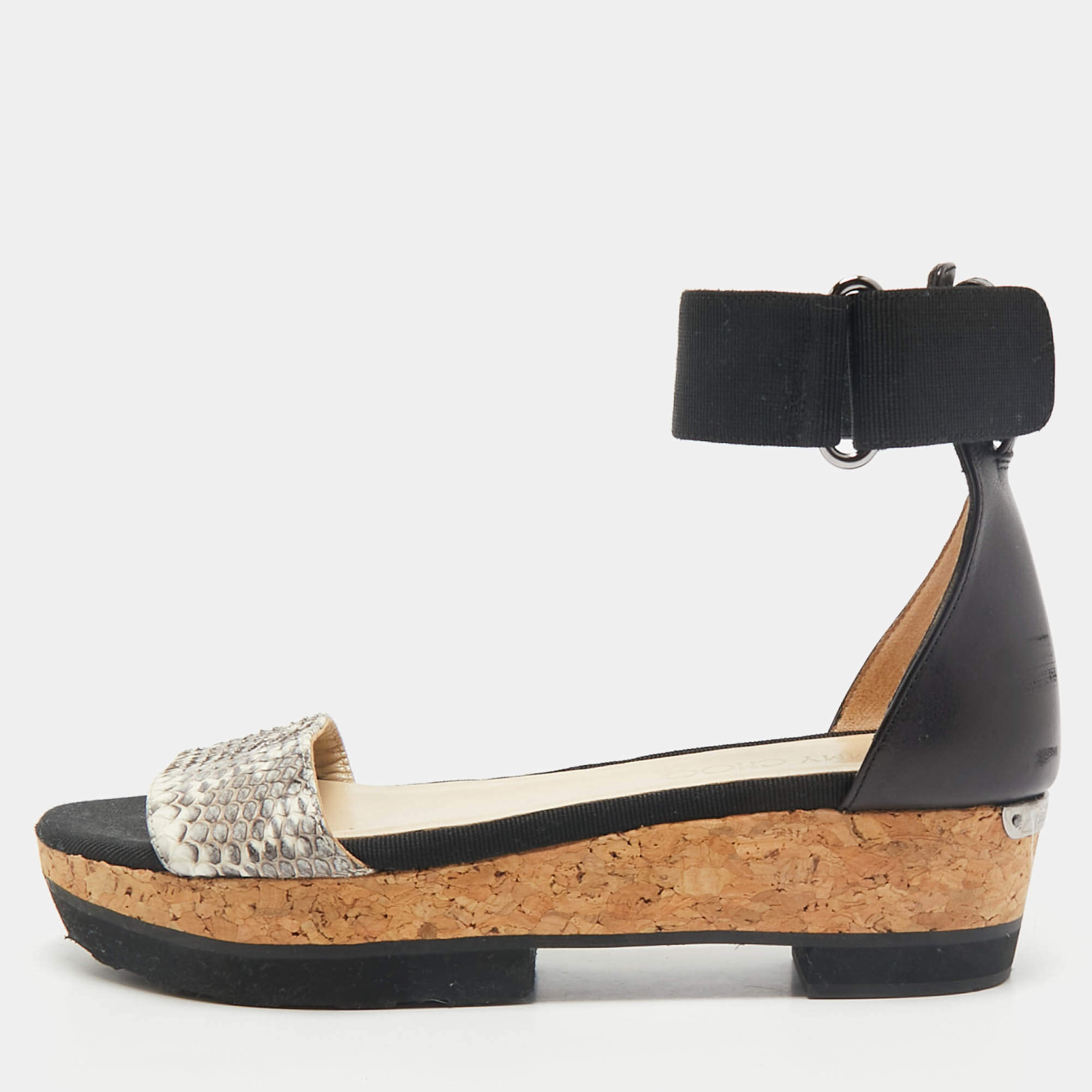 Jimmy Choo Black/Grey Snakeskin Leather Platform Ankle Strap Sandals Size 36