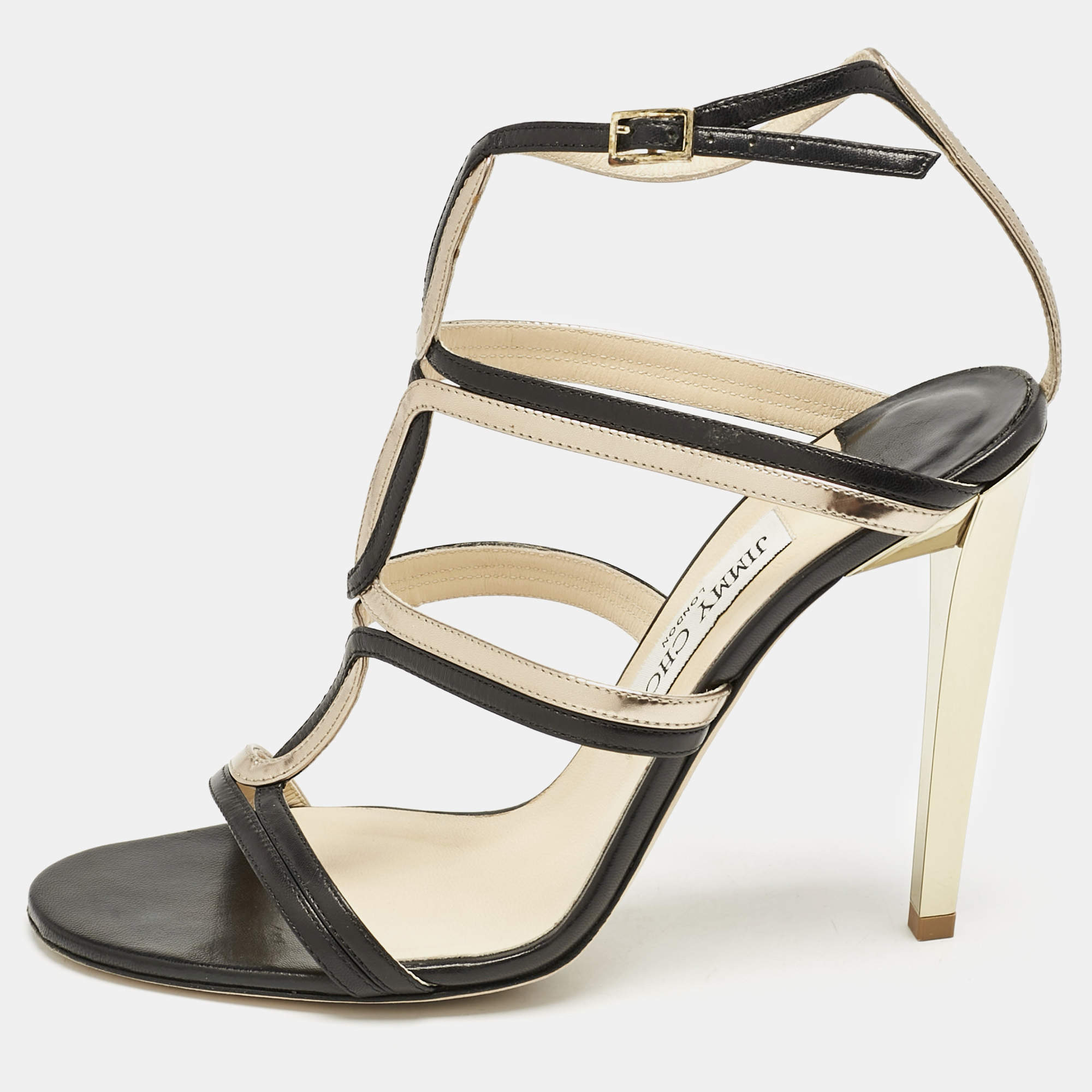 Jimmy Choo Black/Gold Leather Moray Sandals Size 38.5