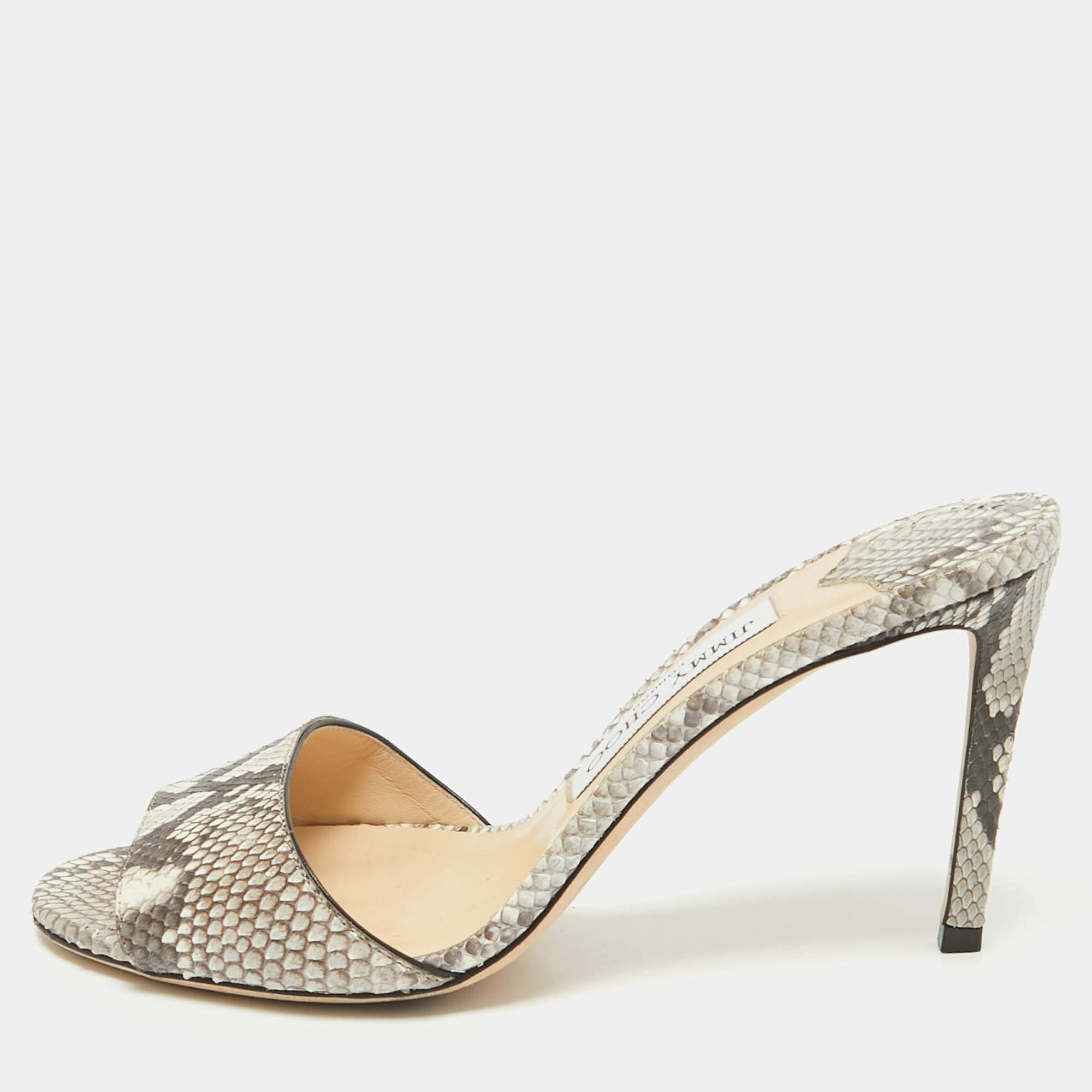 Jimmy Choo Grey/White Python Embossed Leather Stacey Slide Sandals Size 38