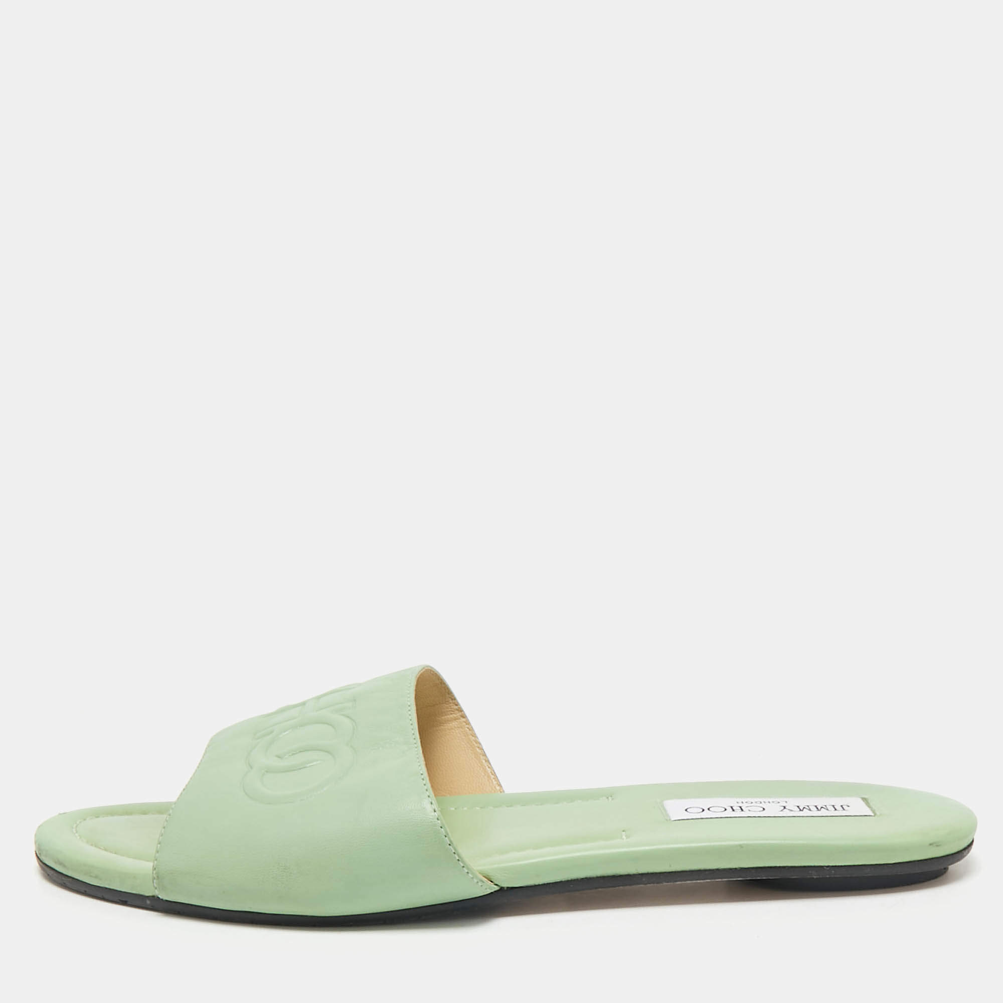 Jimmy Choo Green Leather Minea Flat Slide Sandals Size 40