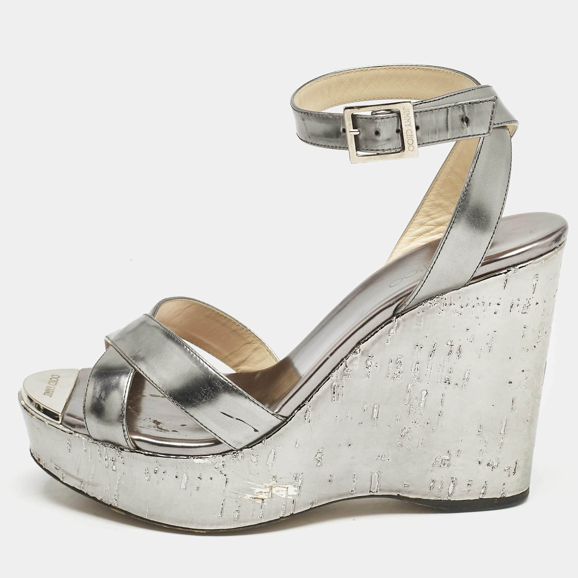 Jimmy Choo Silver Leather Crisscross Strap Wedge Sandals  Size 37.5