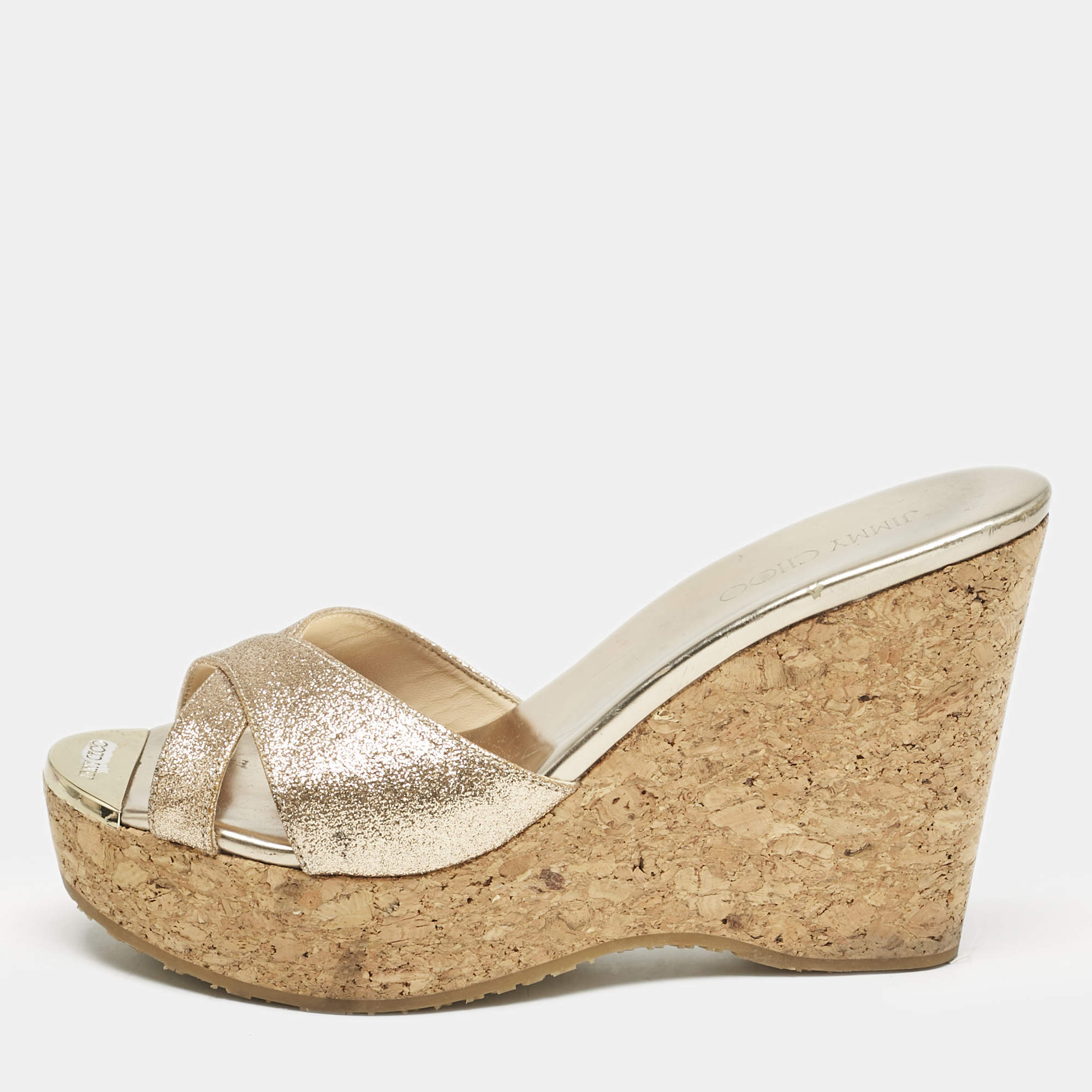 Jimmy Choo Metallic Gold Glitter Prima Cork Platform Wedge Sandals Size 37