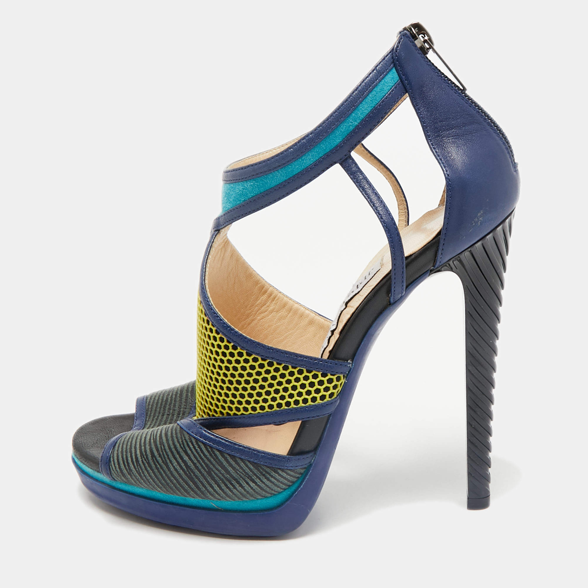 Jimmy Choo Multicolor Leatherand Suede Mix Media Lythe Honeycomb Platform Sandals Size 37