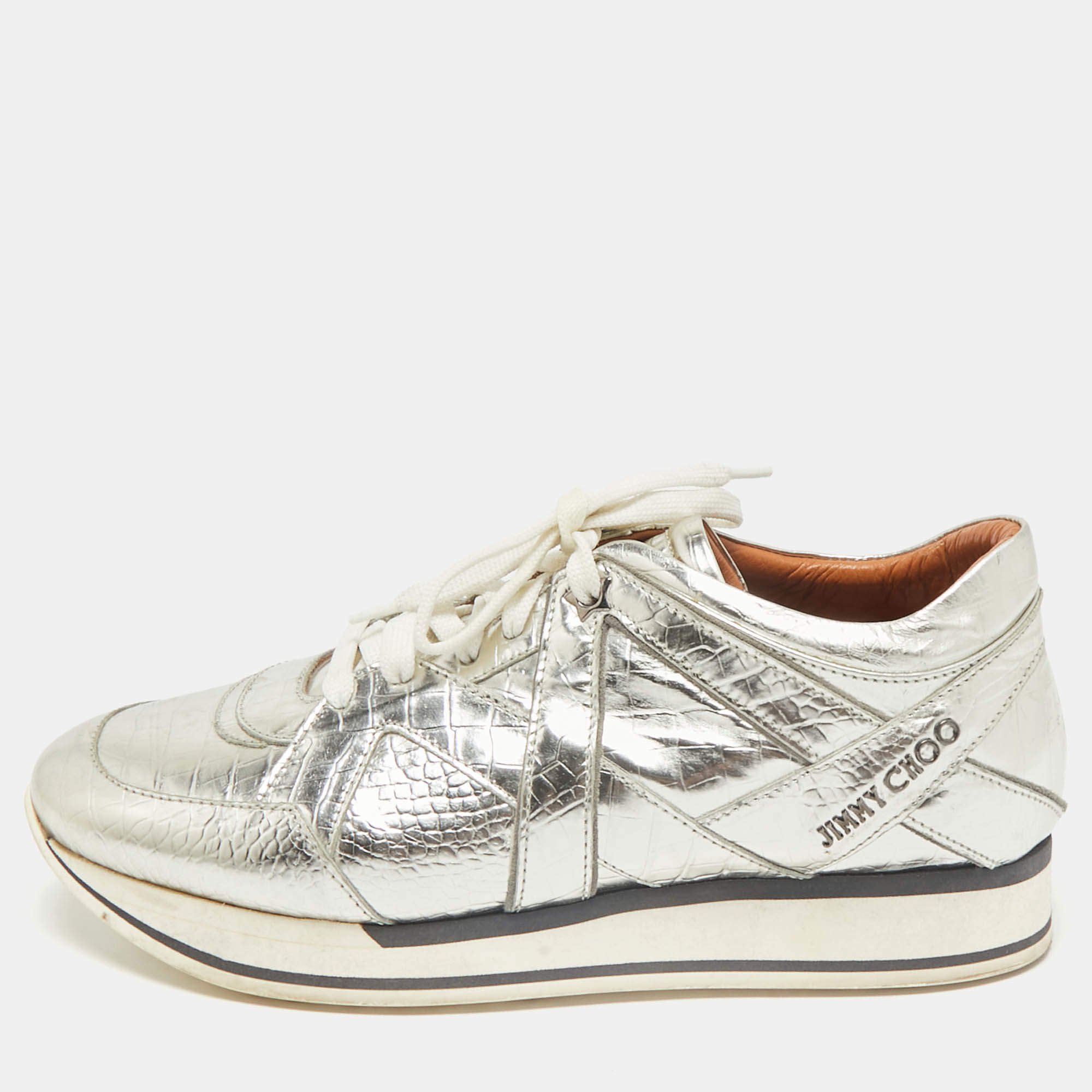 Jimmy Choo Metallic Gold Croc Embossed Leather London Sneakers Size 40