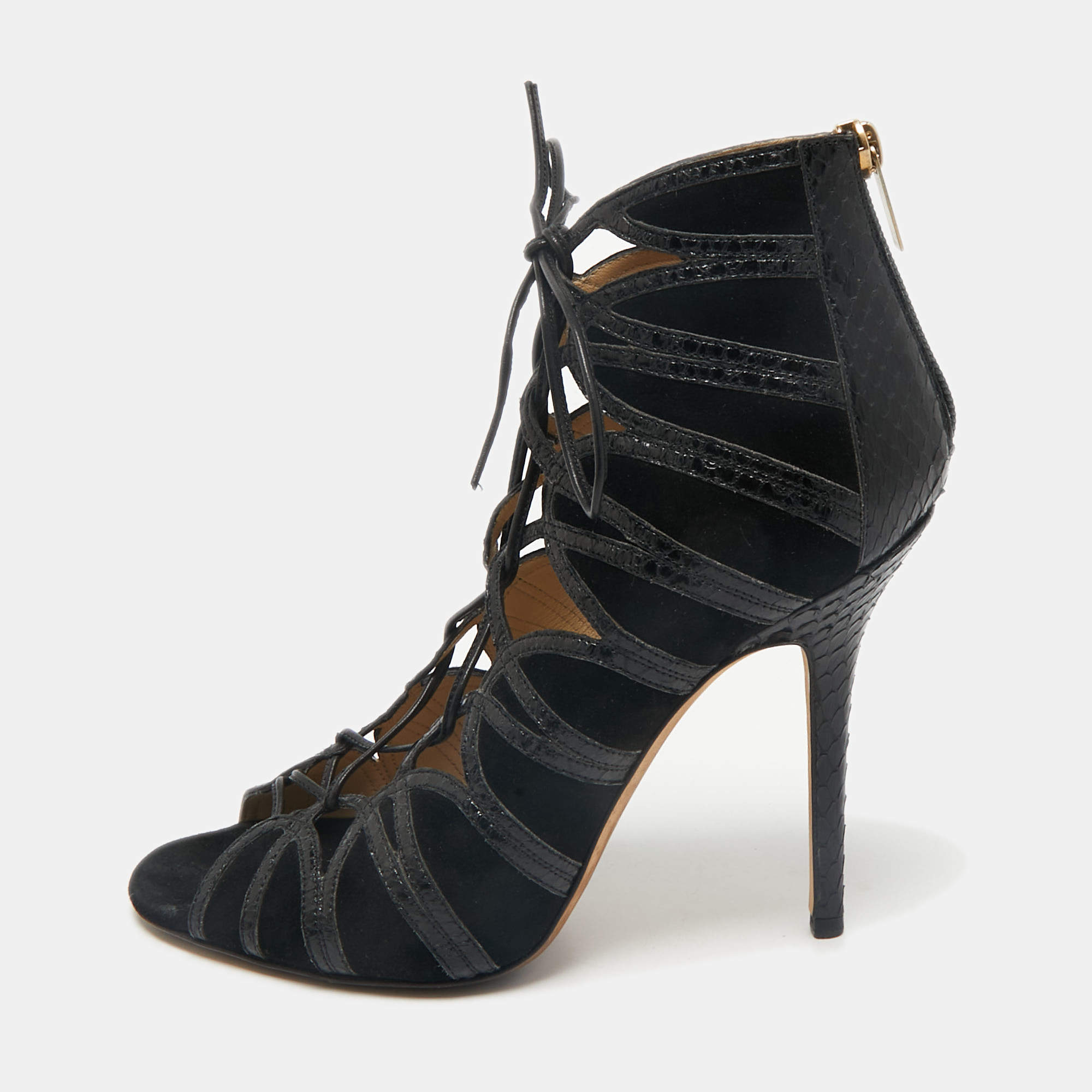 Jimmy Choo Black  Python Leather and Suede Ankle Strap Sandals Size 40.5