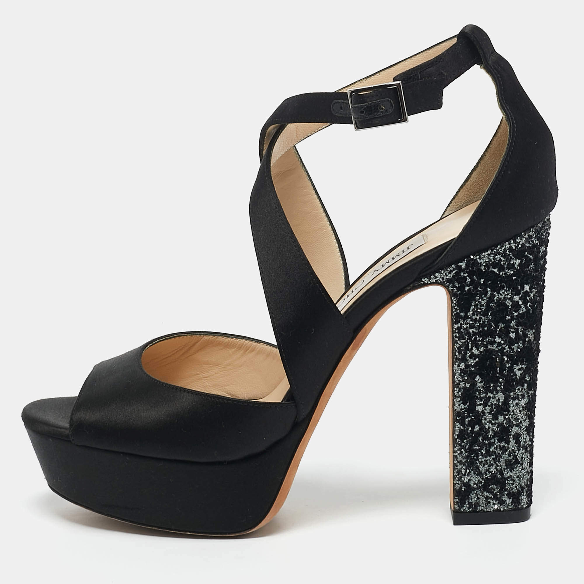 Jimmy Choo Black Glitter and Satin Carrie Ankle Strap Sandals Size 38.5
