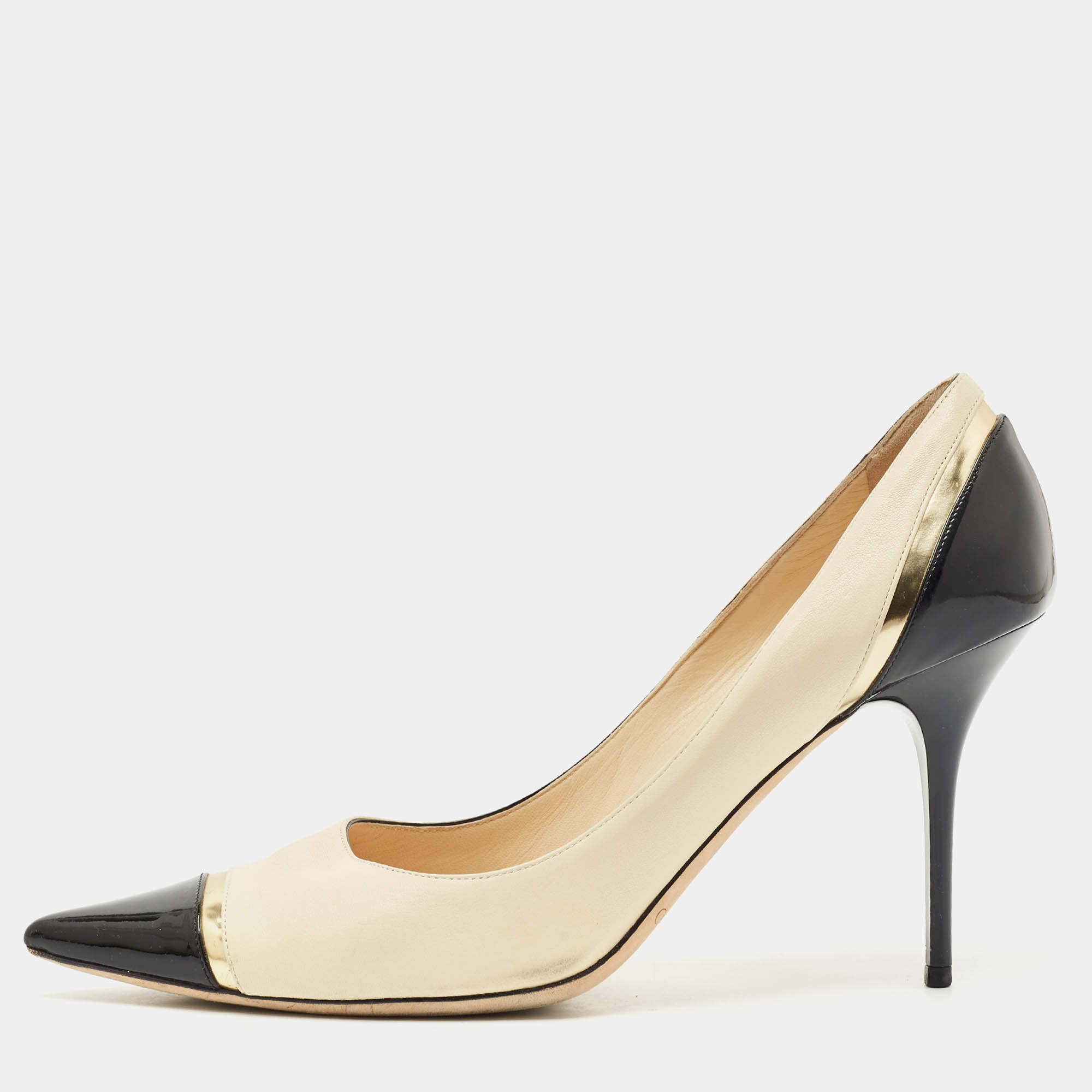 Pre Owned Jimmy Choo Beige/Black Leather and Patent Leather Anouk Pumps Size 41