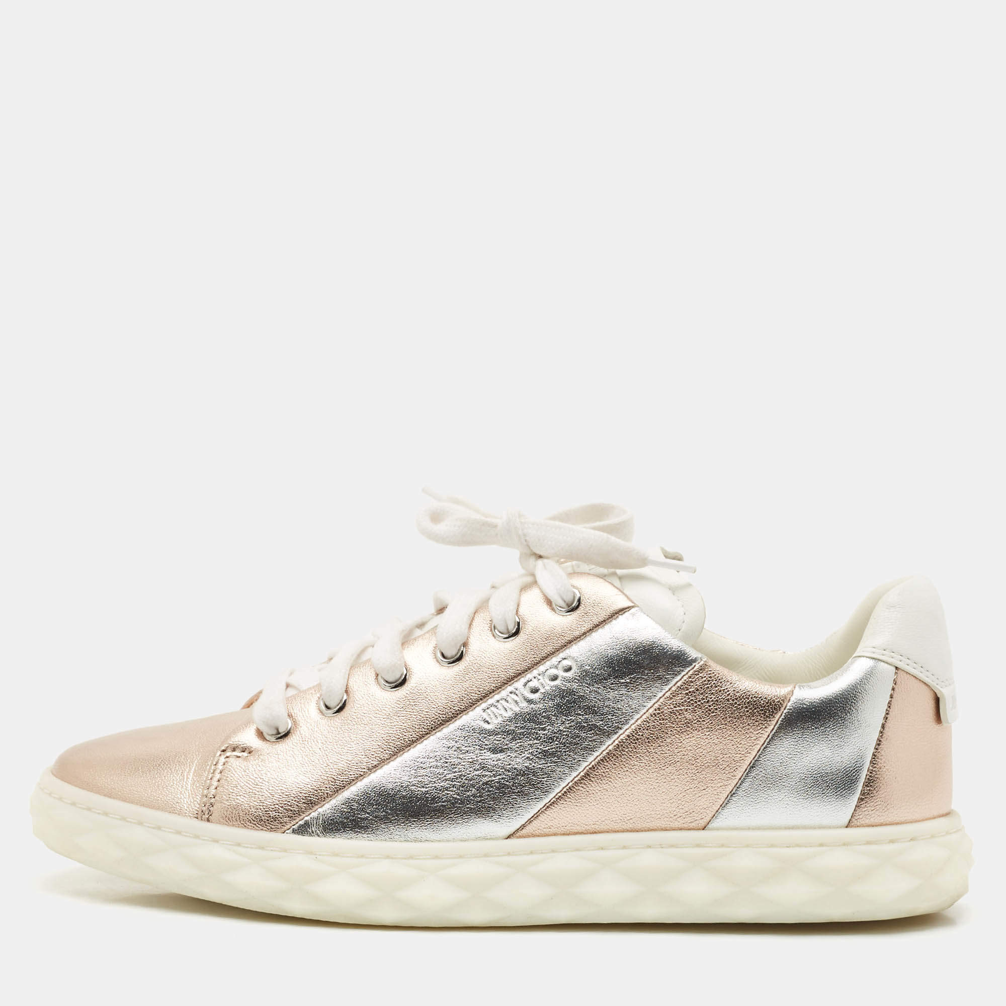 Jimmy Choo Metallic Rose Gold/Silver Leather Low Top Sneakers Size 39.5