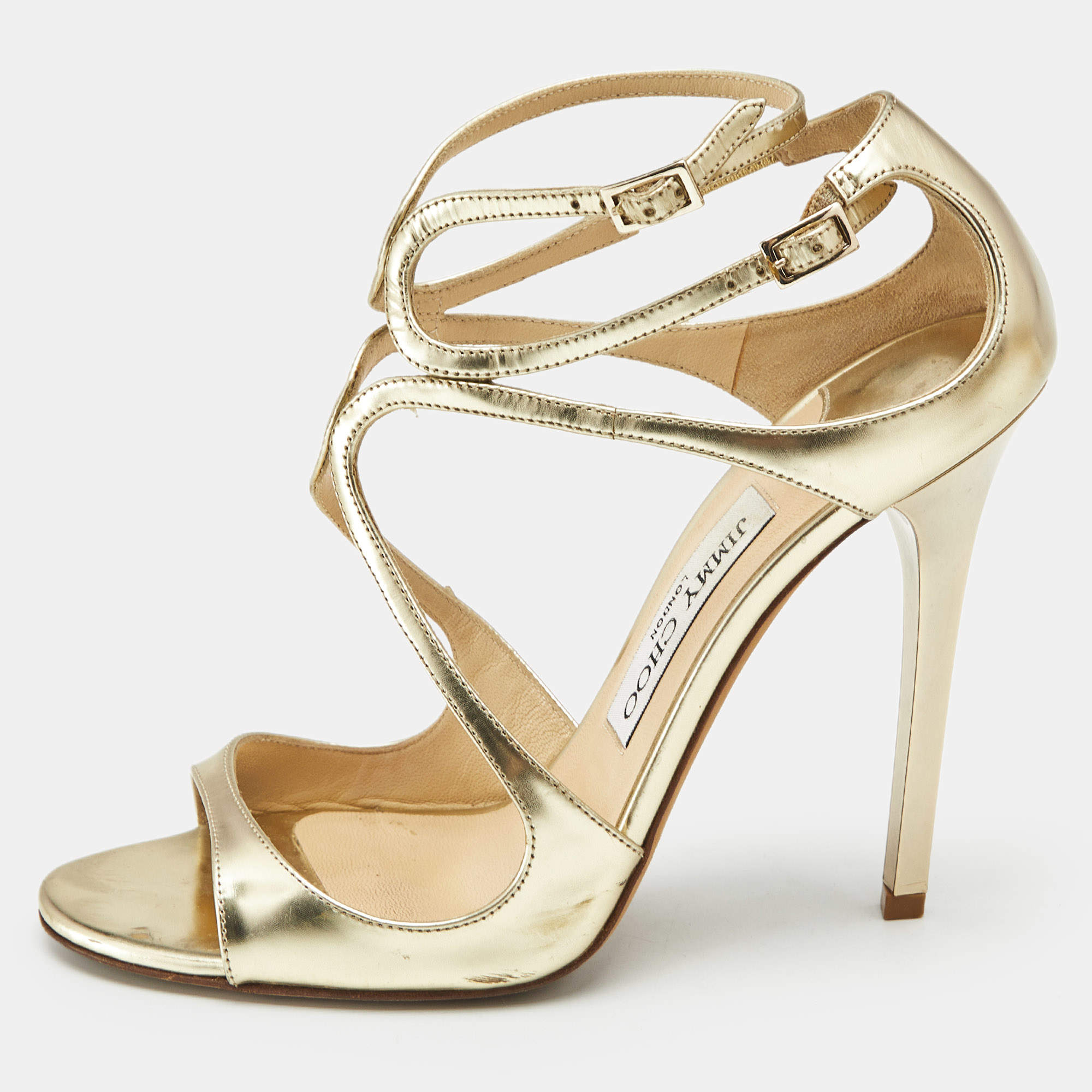 Pre Owned Jimmy Choo Gold Leather Lance Sandals Size 38