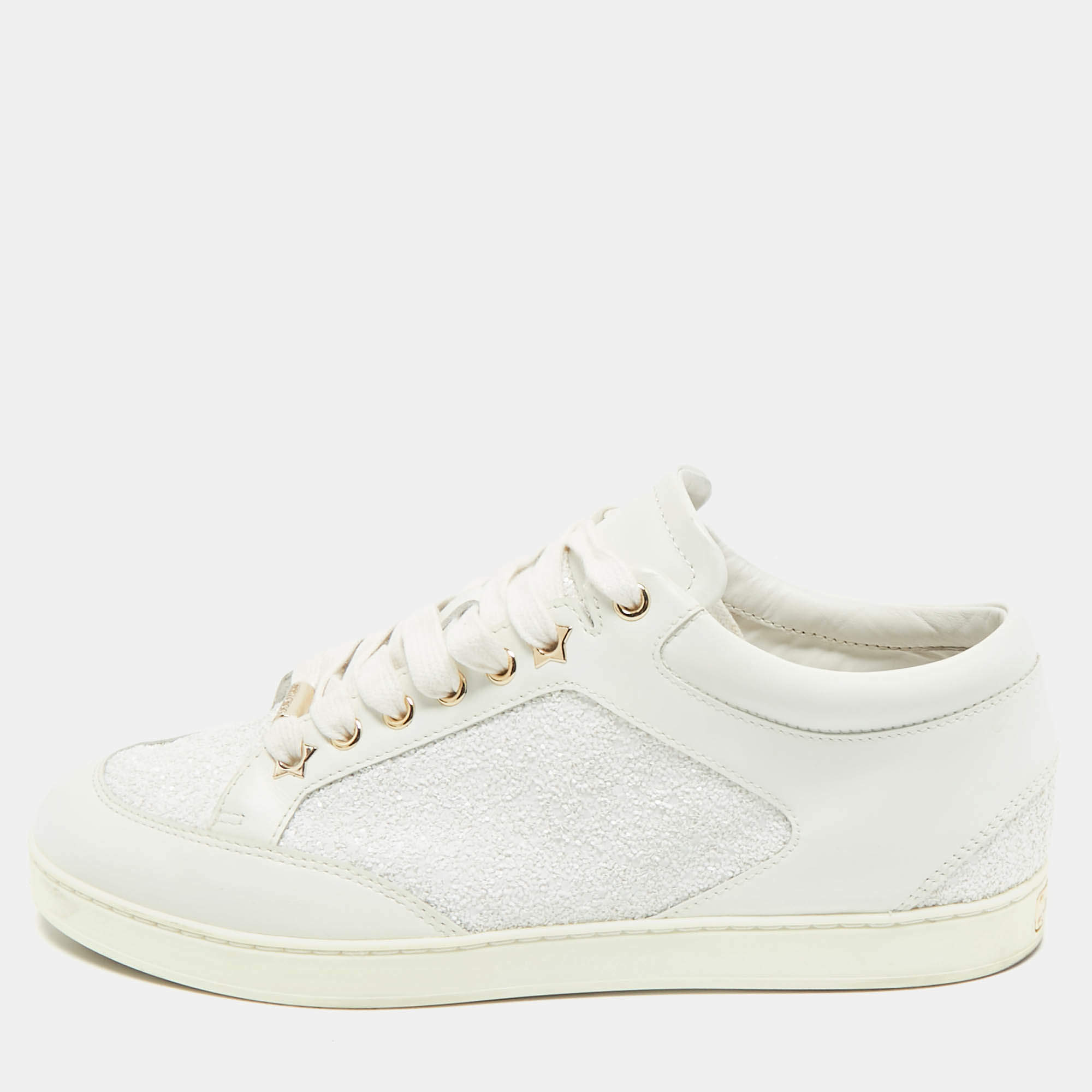 Jimmy Choo White Glitter and Leather Low Top Sneakers Size 40.5