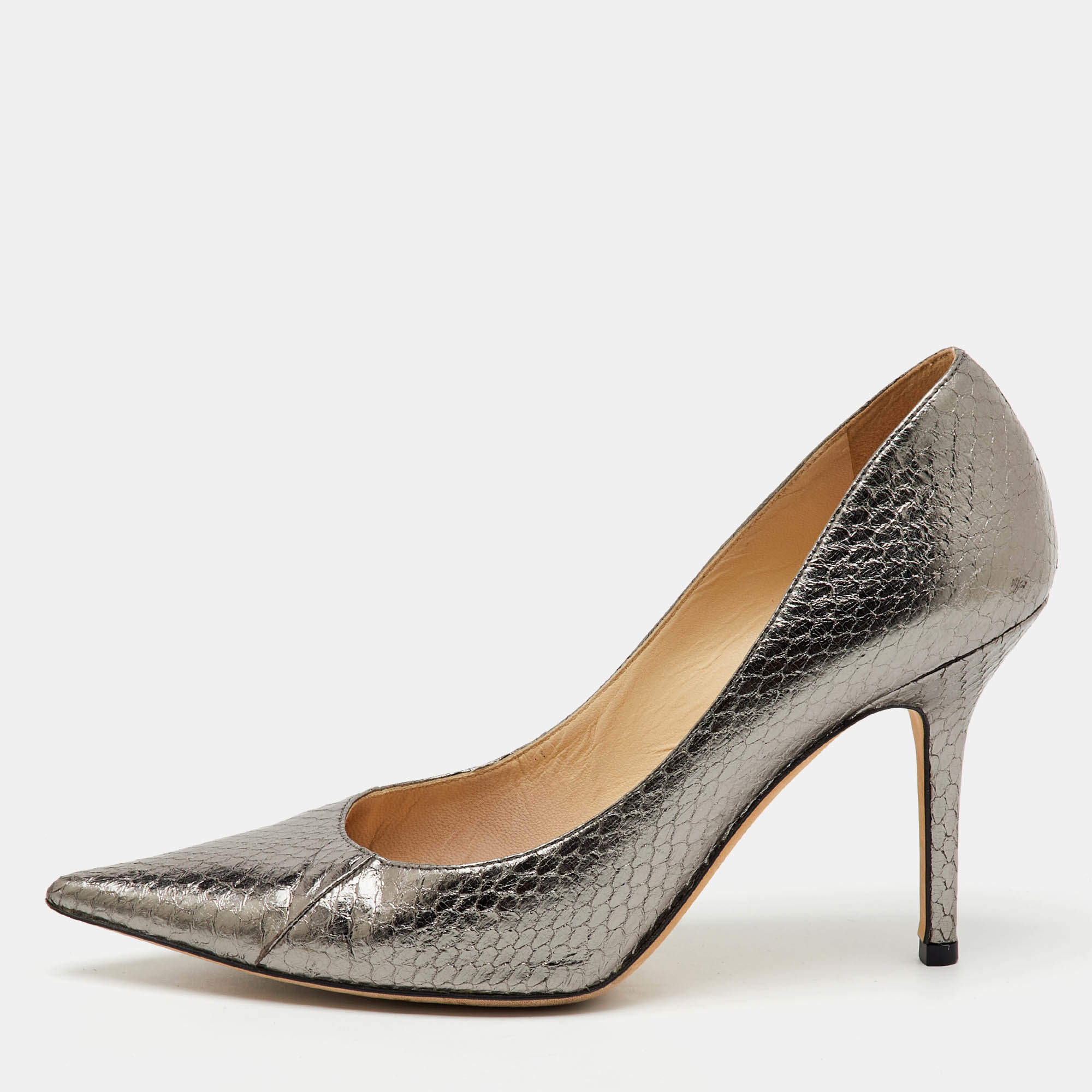 Jimmy Choo Metallic Grey Python Embossed Leather Pointed Toe Pumps Size 37
