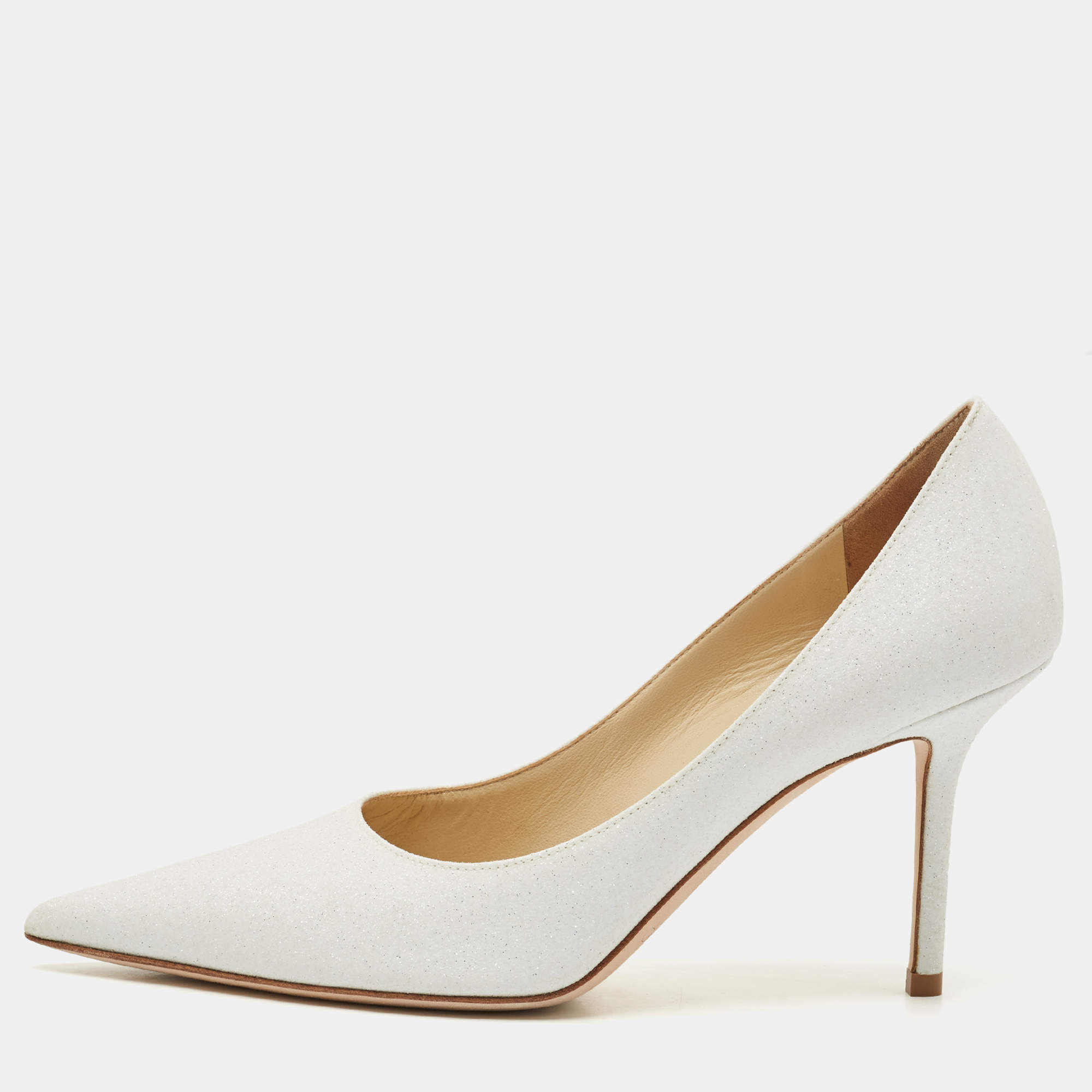 Pre Owned Jimmy Choo White Glitter Love 85 Pointed Toe Pumps Size 37