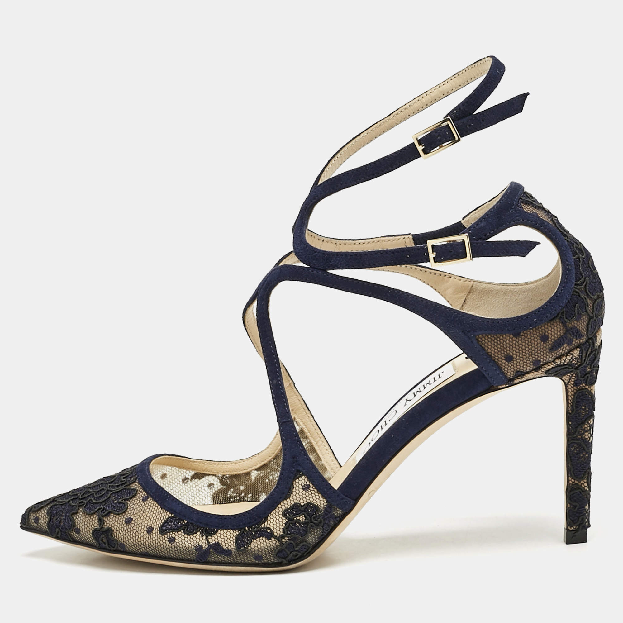 Pre Owned Jimmy Choo Blue Lace and Suede Lancer Ankle Strap Pumps Size 38.5
